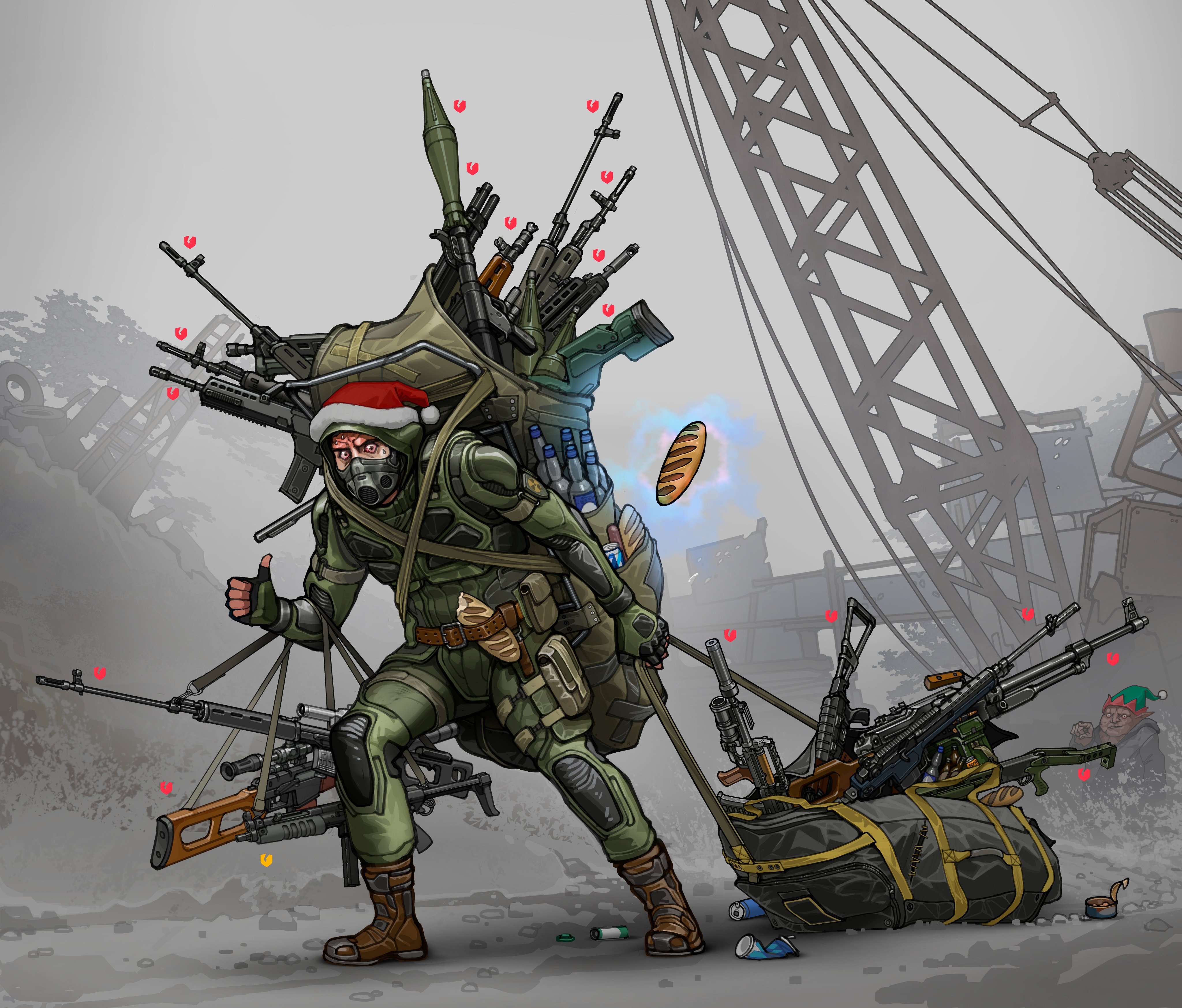 ivan yakushev, stalker (game), stalker 2: heart of chornobyl, absurdres, commentary, english commentary, highres, 1boy, aks-74u, alcohol, as val, assault rifle, bag, battle rifle, belt, bloodshot eyes, body armor, bolt action, boots, bottle, bread, broken shield, bullpup, burer (stalker), can, canned food, christmas, crushed can, dirt, dragging, dragunov svd, dragunov svu, drink can, duffel bag, elf hat, energy drink, explosive, fingerless gloves, floating, floating food, floating object, food, glass bottle, gloves, grey background, gun, h&k g36, h&k mp5, hat, heavy, holding, holding gun, holding weapon, hood, hood up, junkyard, kalashnikov rifle, levitation, light machine gun, m14, machine gun, male focus, malyuk, mask, multiple weapons, mutation, non stop energy, ots-14 groza, pk machine gun, pkm, pp-19 bizon, pump action, red hat, remington 870, respirator, rifle, robe, rocket launcher, rpg, rpg-7, rpg (weapon), santa hat, sausage, scope, shotgun, skif (stalker 2), sniper rifle, spas-12, struggling, submachine gun, suppressor, sv-98, sweat, telekinesis, thumbs up, too many, too many guns, too many weapons, truth, vodka, vss vintorez, weapon