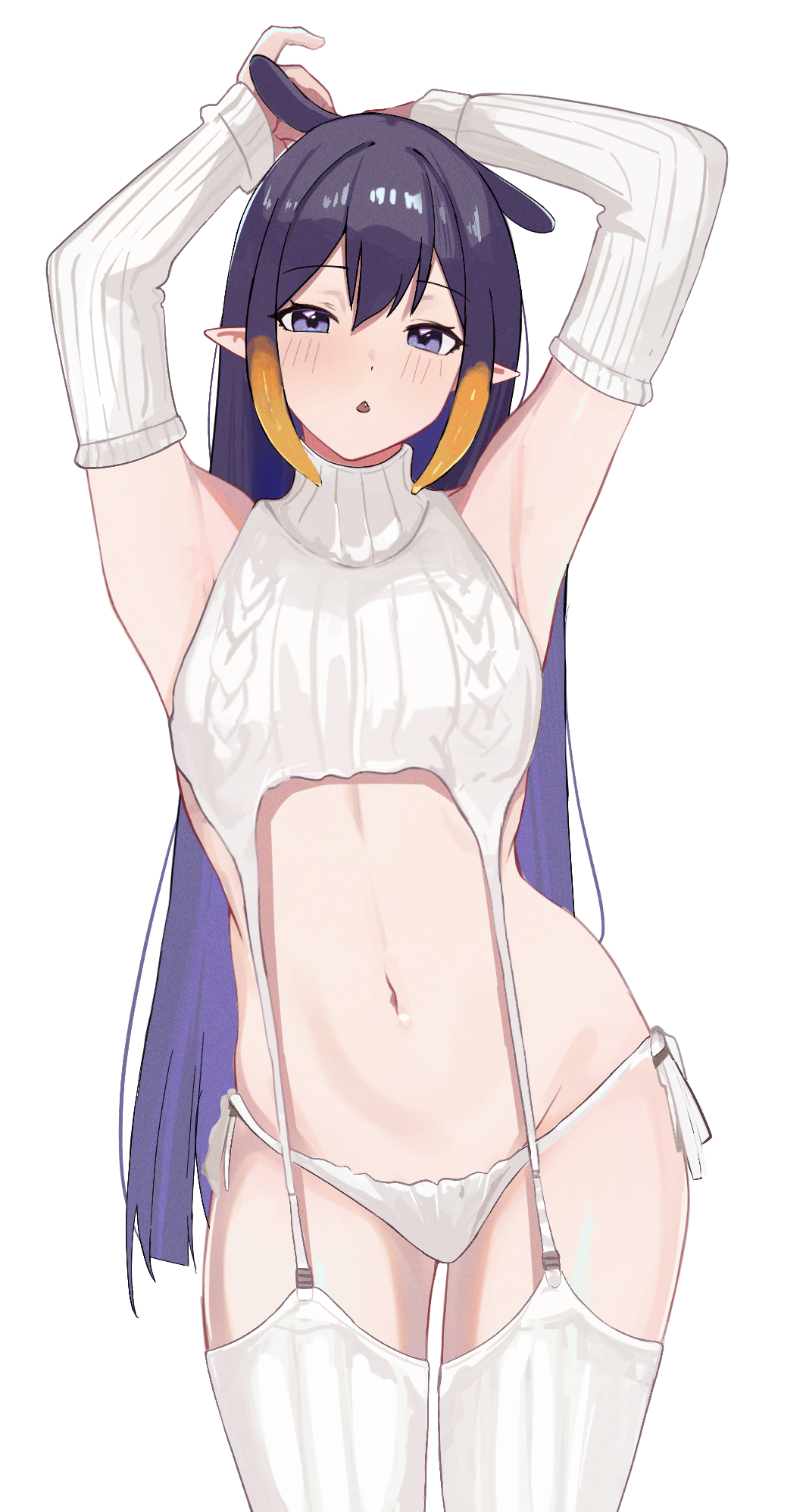 ku roiko, ninomae ina'nis, hololive, hololive english, commentary, english commentary, highres, 1girl, alternate costume, armpits, arms up, bare shoulders, breasts, chestnut mouth, detached sleeves, fang, garter straps, gradient hair, long hair, looking at viewer, multicolored hair, navel, open mouth, orange hair, panties, pointy ears, purple eyes, purple hair, ribbed panties, ribbed sleeves, ribbed sweater, ribbed thighhighs, side-tie panties, sidelocks, simple background, sleeveless, sleeveless sweater, sleeveless turtleneck, small breasts, solo, stomach, sweater, tentacle hair, thighhighs, turtleneck, turtleneck sweater, underwear, virgin destroyer sweater, virtual youtuber, white background, white garter straps, white panties, white sweater, white thighhighs