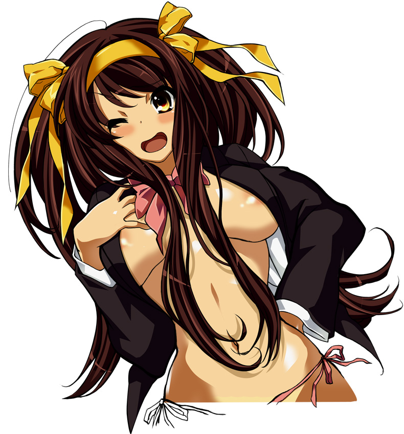 yuutarou, suzumiya haruhi, suzumiya haruhi no shoushitsu, suzumiya haruhi no yuuutsu, 00s, 10s, 1girl, alternate costume, alternate hairstyle, female focus, kouyouen academy school uniform, long hair, official alternate hair length, official alternate hairstyle, one eye closed, open clothes, open shirt, school uniform, shirt, solo, wink