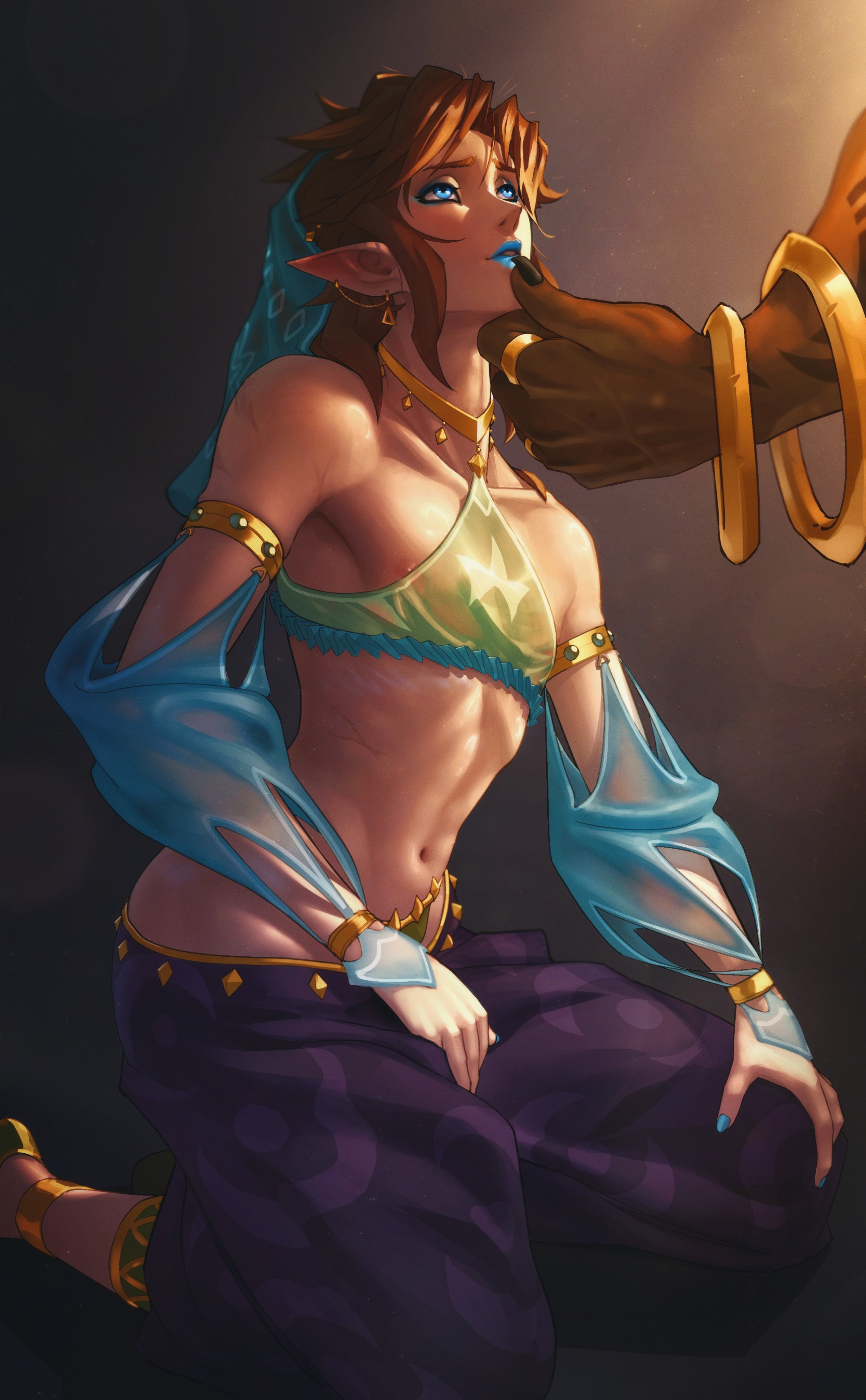 easterhands, ganondorf, link, nintendo, the legend of zelda, the legend of zelda: breath of the wild, the legend of zelda: tears of the kingdom, absurdres, highres, 2boys, arabian clothes, blue eyeliner, blue lips, brown hair, crossdressing, crossdressing (mtf), dark-skinned male, dark skin, detached sleeves, eyeliner, gerudo set (zelda), hand on another's chin, harem pants, makeup, male focus, mouth veil, multiple boys, pants, pointy ears, purple pants, simple background, solo focus, toned, toned male, trap, veil, yaoi