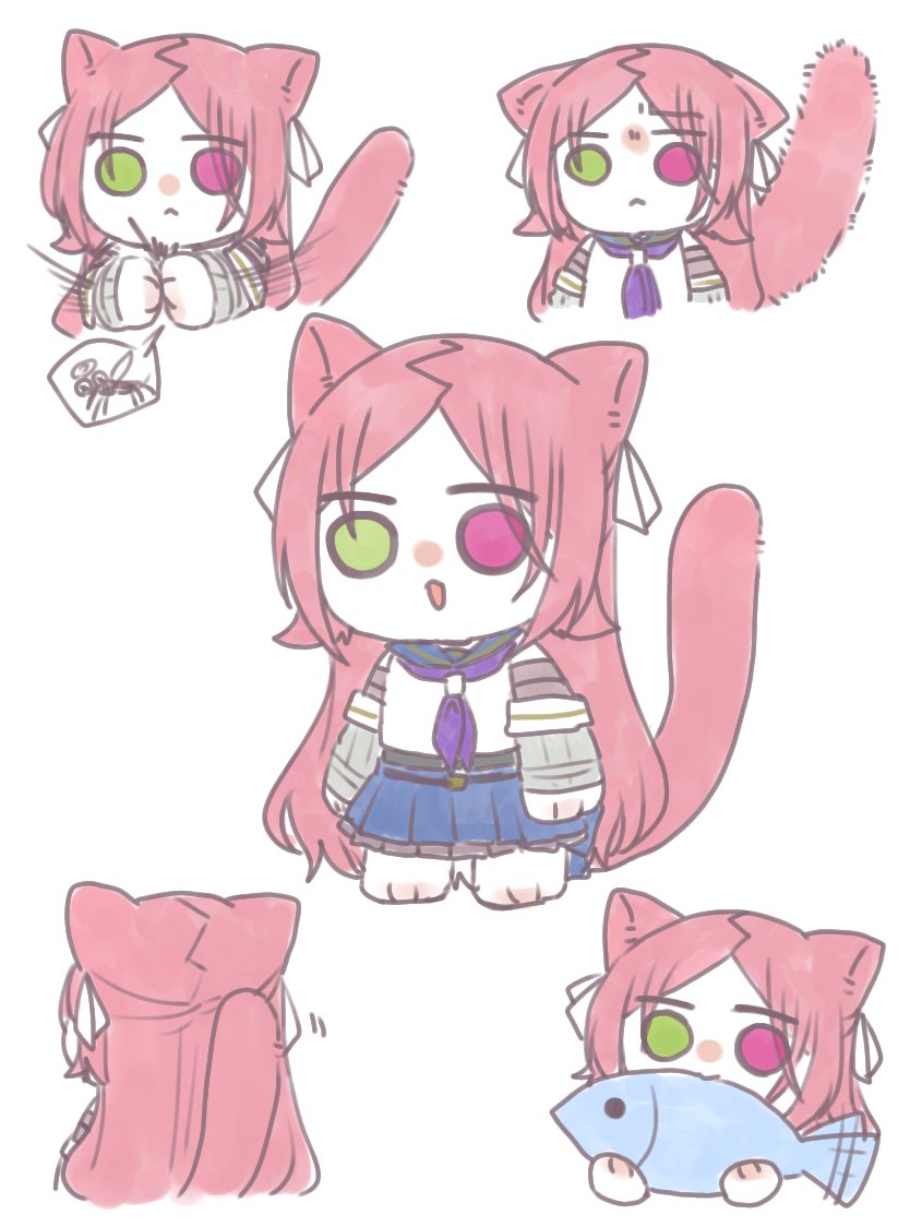 nigari (ngari 0115), shiba tomoshibi, assault lily, 1girl, :<, afterimage, animal, animal ears, animal hands, arms at sides, belt, black belt, black shirt, blue sailor collar, blue skirt, boots, bug, cat ears, cat girl, cat paws, cat tail, chibi, closed mouth, crop top, cropped arms, cropped torso, detached sleeves, eating, facing away, fish, fly, from behind, full body, green eyes, hair ribbon, hands up, heterochromia, holding, holding animal, holding fish, insect, kemonomimi mode, layered sleeves, long hair, long sleeves, looking at viewer, miniskirt, motion lines, multiple views, neckerchief, odaiba girls high school uniform, open mouth, own hands together, parted bangs, paw shoes, pleated skirt, purple neckerchief, red eyes, red hair, ribbon, sailor collar, school uniform, serafuku, shirt, skirt, smile, solid eyes, speech bubble, speed lines, spoken animal, standing, tail, tail raised, undershirt, upper body, white boots, white ribbon, white shirt