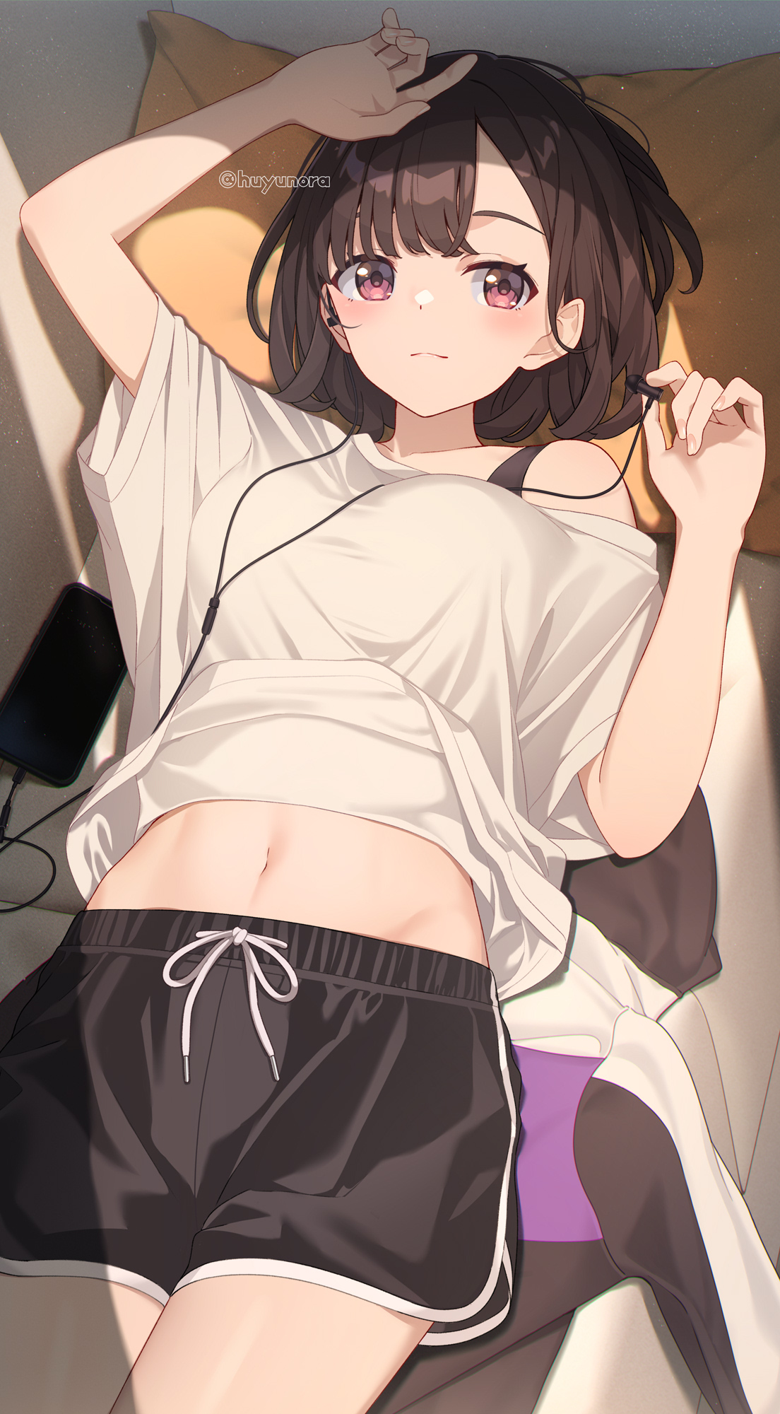 huyunora, original, commentary request, highres, revision, 1girl, black hair, black shorts, blush, bra strap, breasts, cellphone, closed mouth, dolphin shorts, earphones, hair between eyes, looking at viewer, lying, medium breasts, midriff, navel, on back, phone, pillow, red eyes, shirt, short hair, short sleeves, shorts, smartphone, solo, white shirt
