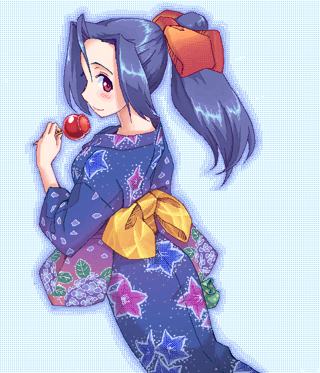 hakkaku shikimi, miura azusa, idolmaster, idolmaster (classic), 00s, 1girl, blue hair, blue kimono, candy apple, female focus, food, from behind, japanese clothes, kimono, long hair, looking back, oekaki, ponytail, red eyes, ribbon, smile, solo, yukata