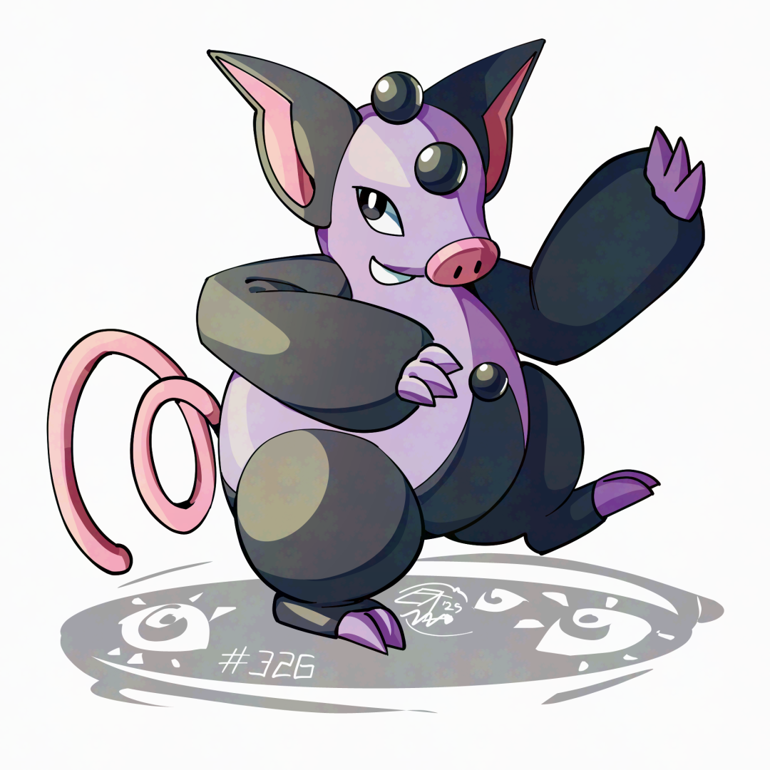 mistray-art, grumpig, nintendo, pokemon, black eyes, black fur, full body, gen 3 pokemon, looking at viewer, no humans, numbered, pig, pokedex number, pokemon (creature), purple fur, signature, simple background, smile, solo, standing, tail, two-tone fur, white background