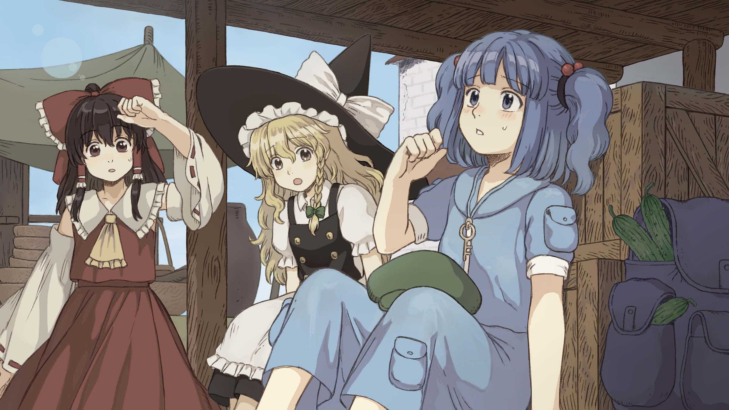 renzaoshen, hakurei reimu, kawashiro nitori, kirisame marisa, touhou, highres, 3girls, black hair, black hat, black skirt, black vest, blonde hair, blue hair, blue shirt, blue shorts, bow, crate, cucumber, detached sleeves, hair bow, hat, hat bow, multiple girls, outdoors, red bow, red shirt, red skirt, shirt, shorts, skirt, two side up, vest, white bow, white shirt, witch hat