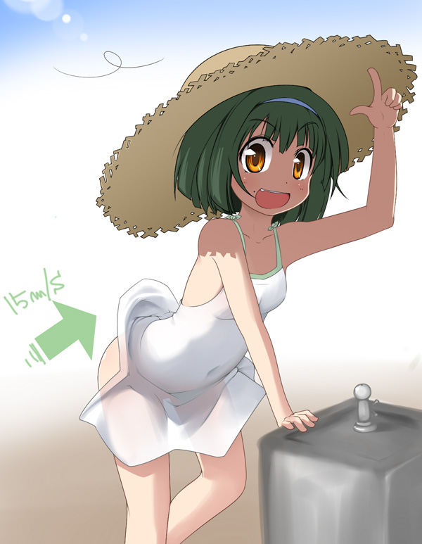 kotatsu (kotatsu3), otonashi kotori, idolmaster, idolmaster (classic), bad id, bad pixiv id, 00s, 1girl, aged down, arm support, arrow (symbol), bottomless, clothes lift, day, dress, dress lift, fang, female focus, green hair, hairband, hat, mole, mole under mouth, open mouth, orange eyes, see-through clothes, short hair, solo, straw hat, sundress, wind, wind lift