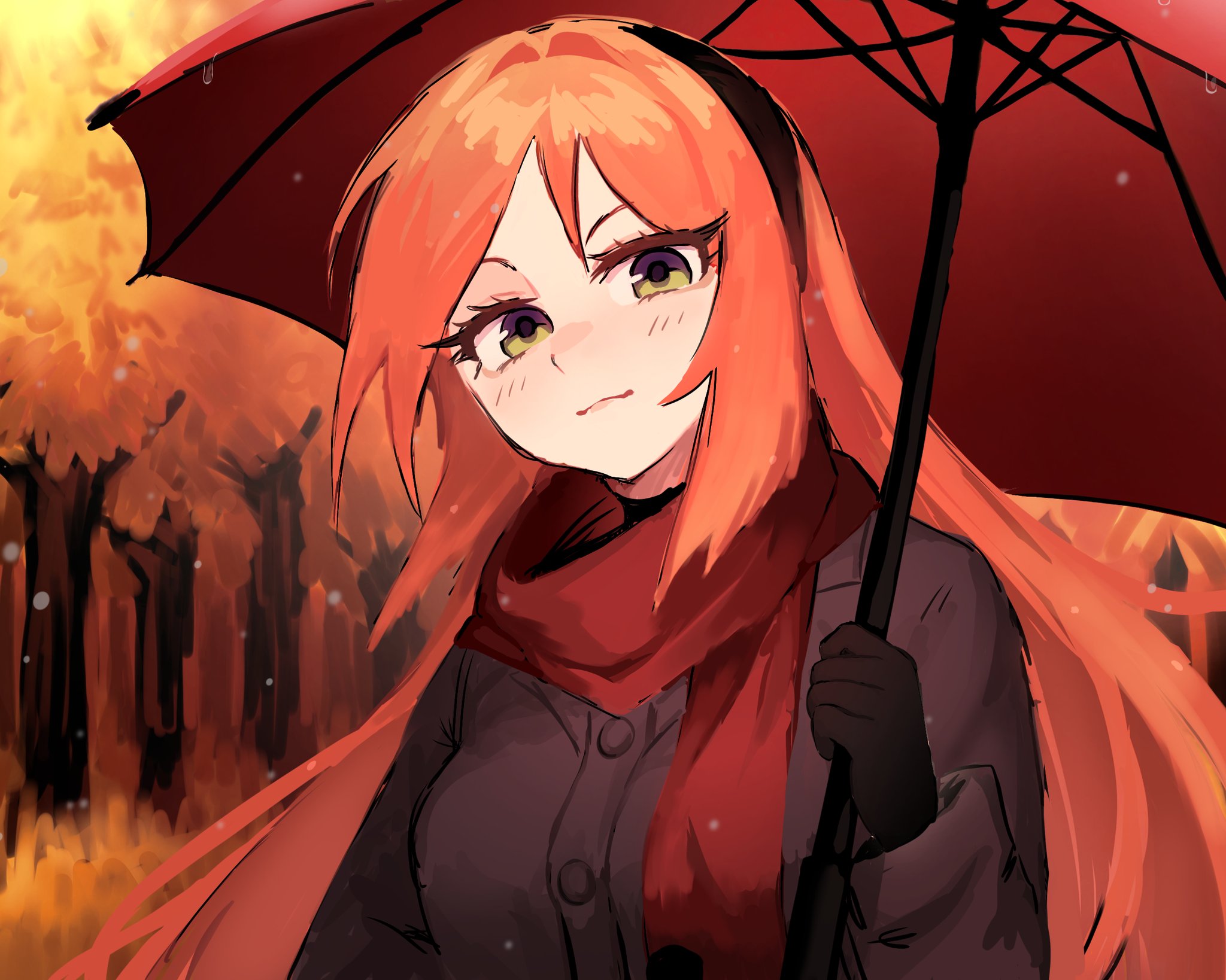 namine ritsu, utau, hashtag-only commentary, highres, 1boy, alternate costume, autumn, autumn leaves, black hairband, breasts, brown coat, closed mouth, coat, green eyes, hairband, holding, holding umbrella, leaf, long hair, looking at viewer, m1yuki kkul, male focus, male with breasts, medium breasts, orange hair, red scarf, red umbrella, scarf, smile, snow, solo, trap, umbrella