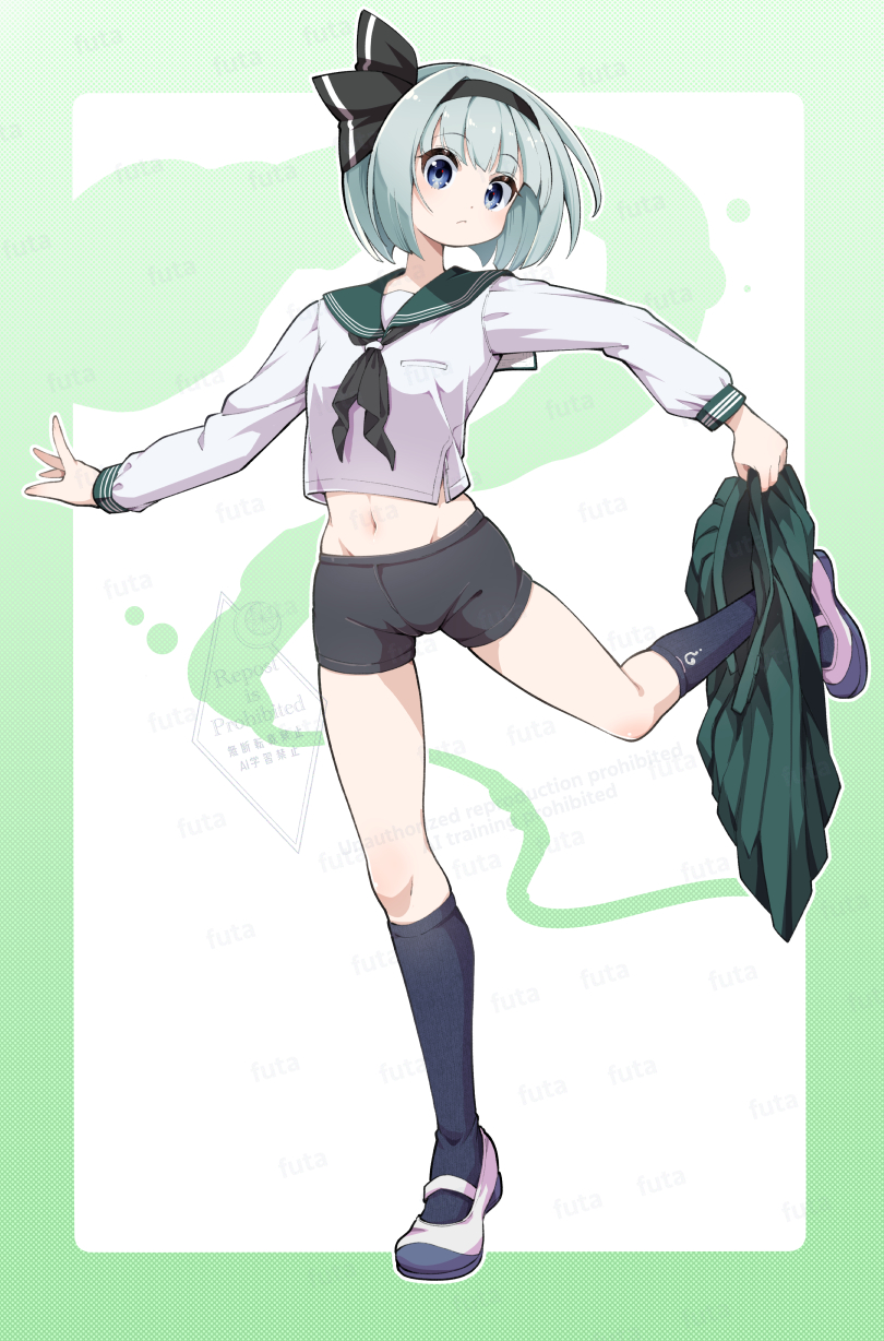 futa (nabezoko), konpaku youmu, konpaku youmu (ghost), touhou, commentary request, highres, 1girl, :/, alternate costume, artist name, bike shorts, black hairband, black neckerchief, black shorts, black socks, blue eyes, closed mouth, crop top, green sailor collar, green skirt, grey hair, groin, hairband, hitodama, holding, holding unworn clothes, holding unworn skirt, kneehighs, long sleeves, looking at viewer, midriff, navel, neckerchief, sailor collar, sailor shirt, school uniform, shirt, shoes, short hair, shorts, skirt, socks, solo, standing, standing on one leg, undressing, unworn skirt, uwabaki, watermark, white shirt, white shoes
