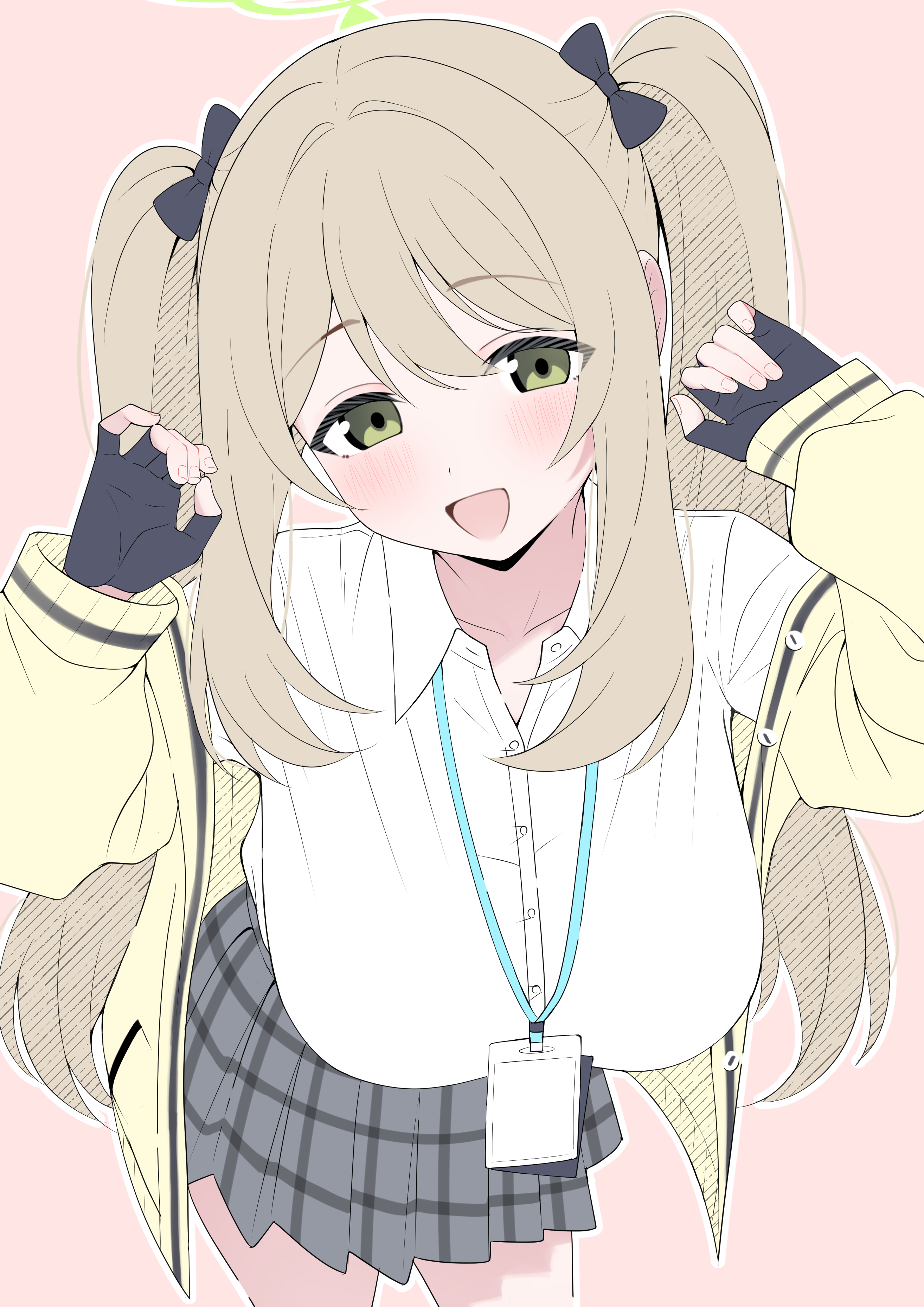 mistel (sukebemistel), nonomi (blue archive), blue archive, absurdres, highres, 1girl, :d, alternate hairstyle, black bow, black gloves, black skirt, bow, breasts, brown hair, cardigan, collarbone, collared shirt, cowboy shot, fingerless gloves, gloves, green eyes, green halo, hair bow, halo, lanyard, large breasts, leaning forward, long hair, looking at viewer, miniskirt, open cardigan, open clothes, open mouth, pink background, plaid clothes, plaid skirt, pleated skirt, shirt, skirt, smile, solo, twintails, white shirt, yellow cardigan