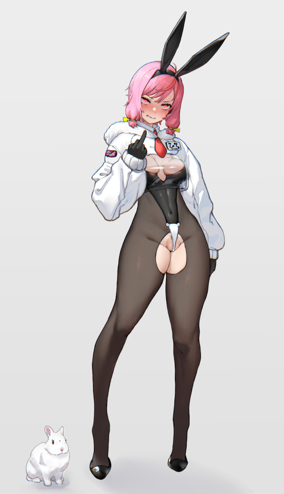 butsu menhou, original, commentary request, paid reward available, 1girl, angry, animal ear hairband, animal ears, arm at side, black gloves, black hairband, black pantyhose, black shoes, blush, breasts, c-string, cleavage cutout, clothing cutout, covered navel, cropped hoodie, crotchless, crotchless pantyhose, embarrassed, fake animal ears, frontal wedgie, full-face blush, full body, gloves, gradient background, grey background, hairband, highleg, highleg leotard, hood, hoodie, leotard, linea alba, low twintails, medium breasts, medium hair, middle finger, nontraditional playboy bunny, pantyhose, pink hair, pubic hair, pubic hair peek, pussy, pussy peek, rabbit, rabbit ear hairband, rabbit ears, see-through hoodie, shoes, single hair streak, solo, strapless bottom, super highleg, t-back, twintails, wedgie