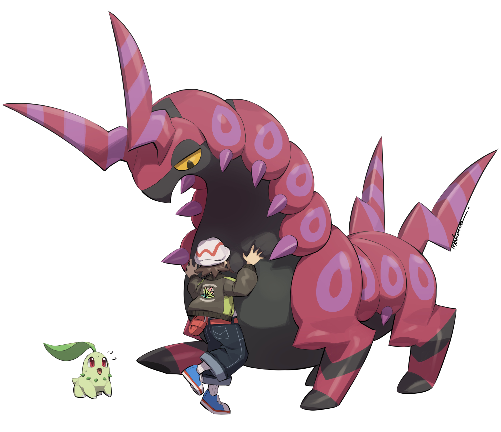 makoto ikemu, chikorita, paxton (pokemon), scolipede, nintendo, pokemon, pokemon legends: z-a, highres, 1boy, black pants, brown hair, brown jacket, fedora, gen 2 pokemon, gen 5 pokemon, hat, hug, jacket, pants, pokemon (creature), simple background, white background, white hat