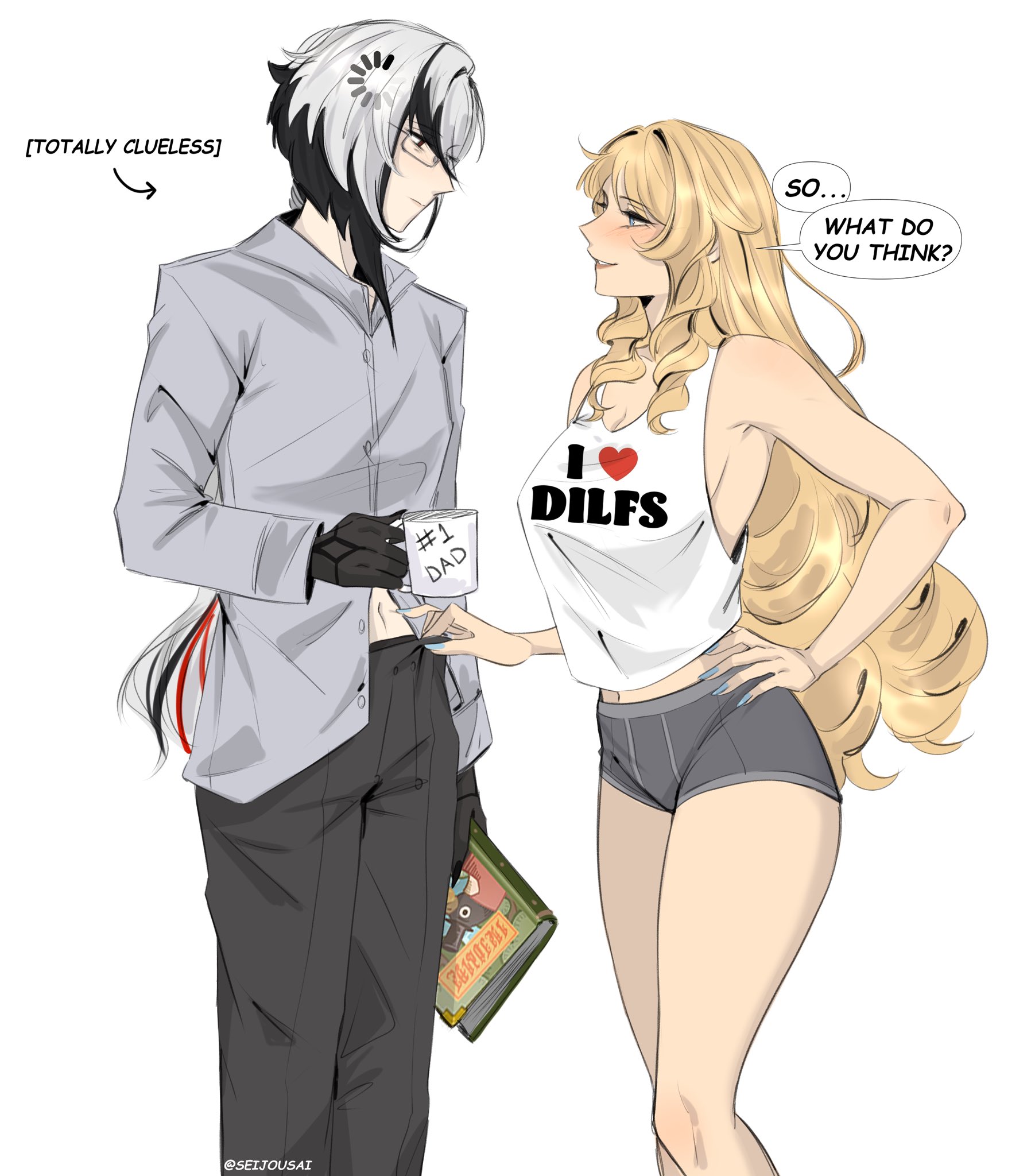 seijousai, arlecchino (genshin impact), navia (genshin impact), genshin impact, commentary, english commentary, highres, 2girls, alternate costume, arms at sides, black gloves, black hair, black pants, blonde hair, blue nails, book, breasts, cleavage, clothes pull, coffee mug, crop top, cup, english text, eye contact, fingernails, gloves, grey shirt, grey shorts, hand on own hip, holding, holding book, holding cup, large breasts, loading icon, long hair, long sleeves, looking at another, midriff, mug, multicolored hair, multiple girls, nail polish, navel, pants, pants pull, parted lips, print tank top, shirt, short hair with long locks, short shorts, shorts, simple background, smile, speech bubble, standing, tank top, twitter username, very long hair, white background, white hair, white tank top, yuri