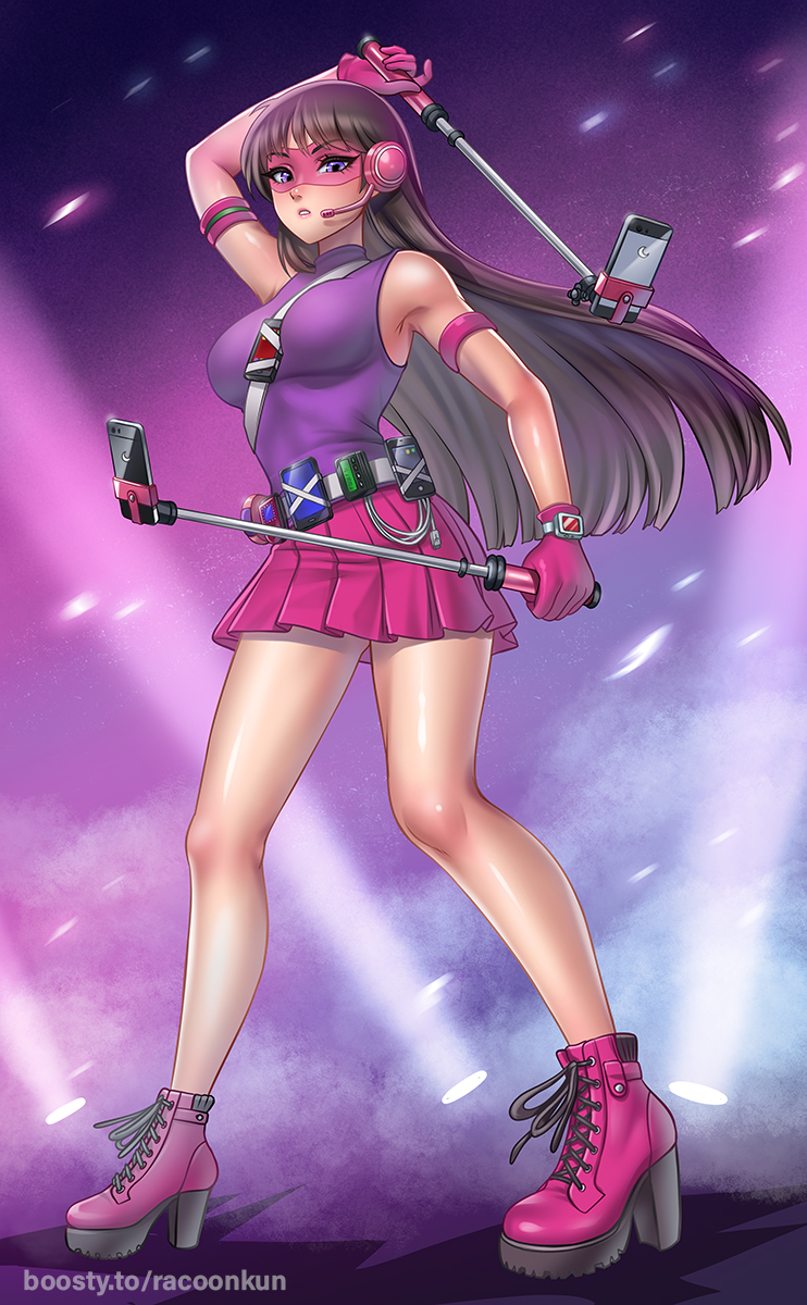 racoon-kun, wendy testaburger, south park, highres, 1girl, black hair, breasts, call girl, cellphone, gloves, large breasts, long hair, looking at viewer, phone, purple eyes, purple shirt, shirt, skirt, solo