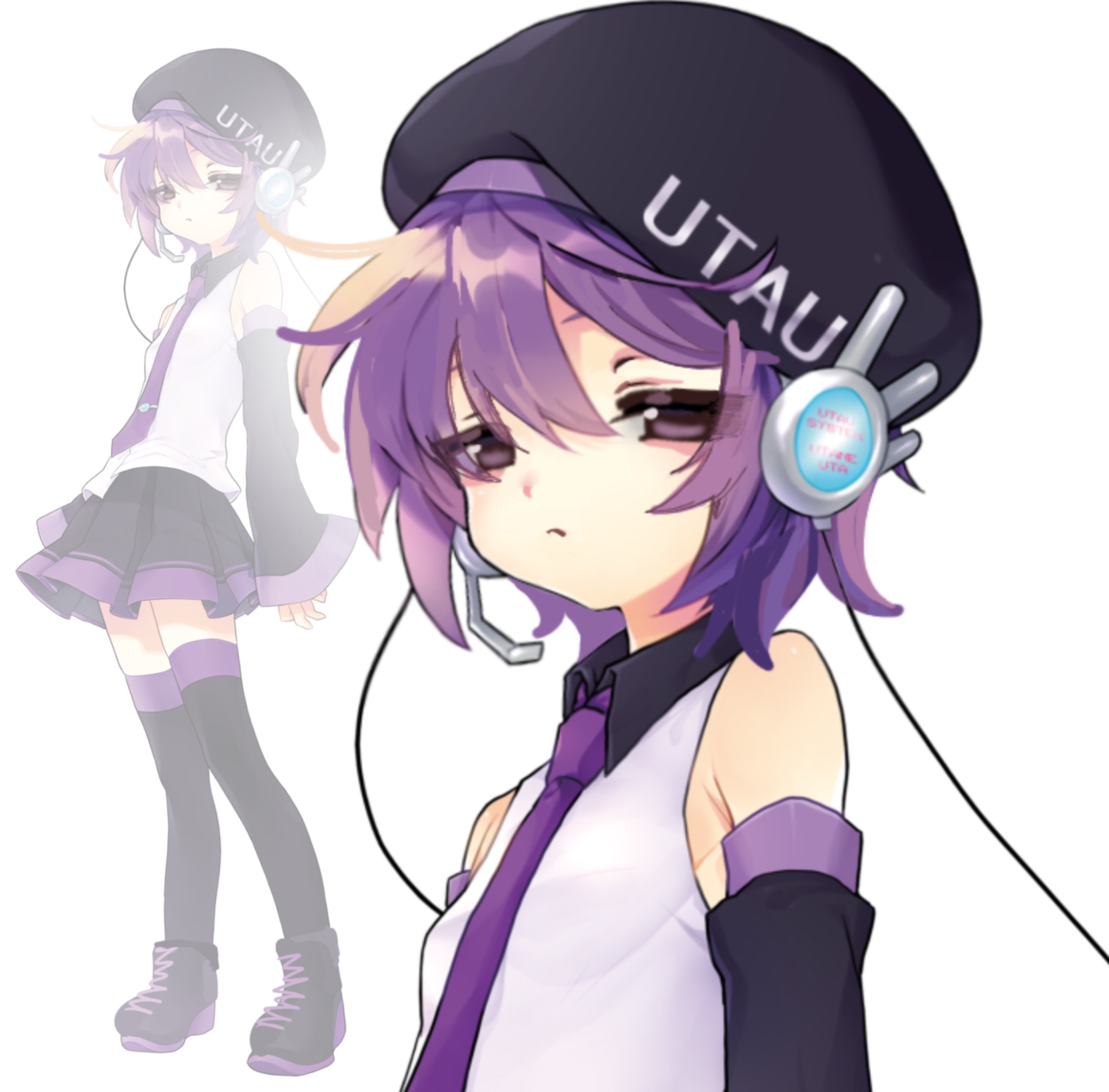 utane uta, utau, commentary, english commentary, highres, 1girl, bare shoulders, beret, black boots, black hat, black skirt, black sleeves, black thighhighs, boots, closed mouth, collared shirt, copyright name, detached sleeves, hair between eyes, half-closed eyes, hat, headphones, headset, lace-up boots, lenfoko (zompi), long sleeves, looking at viewer, necktie, pleated skirt, projected inset, purple eyes, purple hair, purple necktie, purple trim, shirt, short hair, simple background, skirt, solo, thighhighs, zettai ryouiki