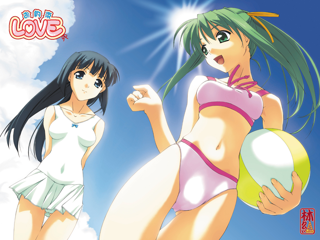 murakami suigun, ayatsuji yuu, yanagi hinako, oyakusoku love, game cg, non-web source, 2girls, :d, arms behind back, ball, beachball, bikini, black hair, blue eyes, breasts, cloud, day, green eyes, green hair, impossible clothes, impossible shirt, long hair, medium breasts, multiple girls, navel, one-piece swimsuit, open mouth, ponytail, shirt, skirted swimsuit, smile, sun, swimsuit