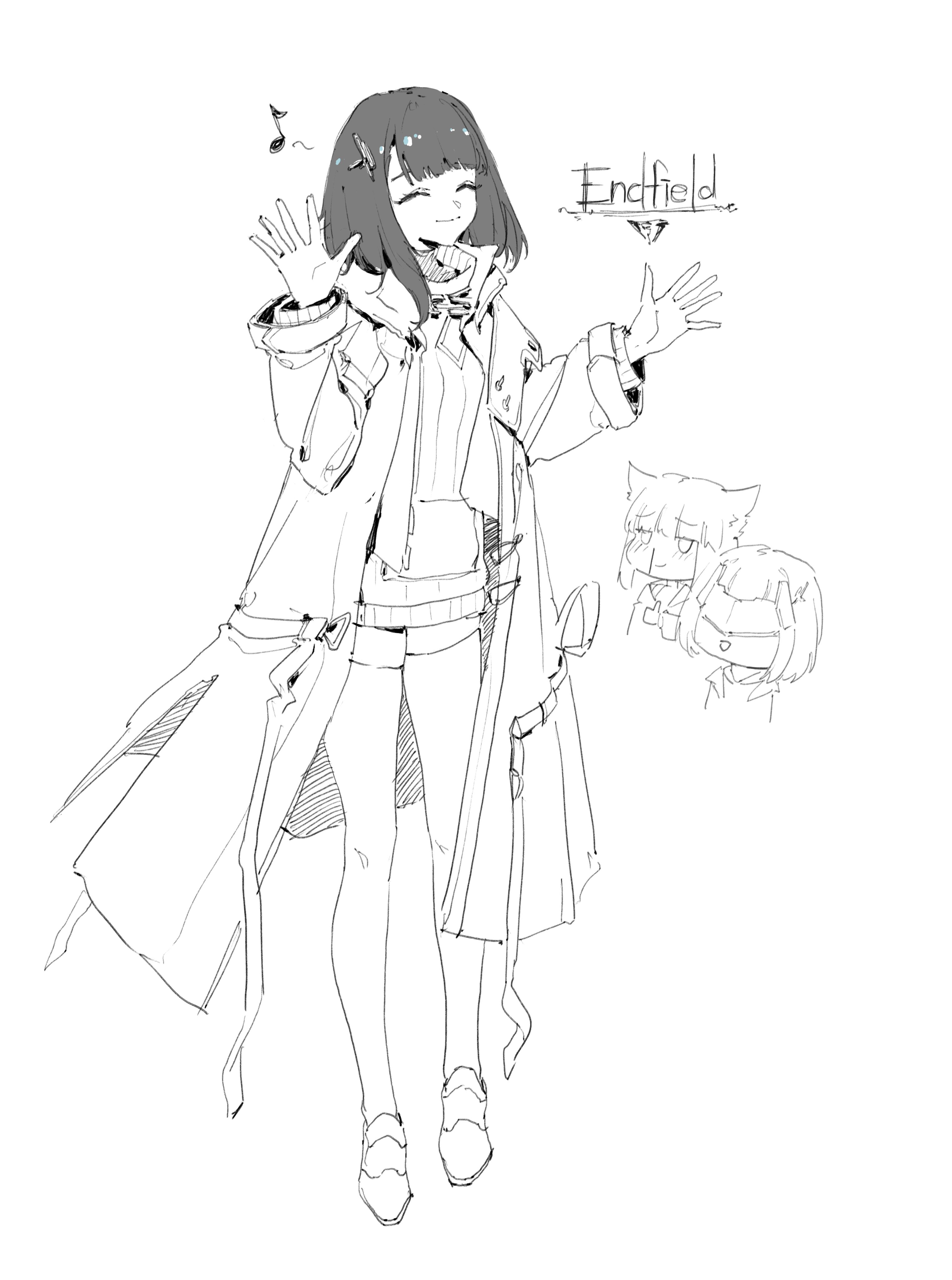 areaaaron, endministrator (arknights), female endministrator (arknights), perlica (arknights), arknights, arknights: endfield, absurdres, highres, 2girls, ^ ^, aroused nosebleed, blood, chibi, chibi inset, closed eyes, coat, copyright name, eighth note, eye mask, full body, greyscale, hair ornament, hands up, layered sleeves, long sleeves, mask, medium hair, monochrome, multiple girls, musical note, nosebleed, open clothes, open coat, sketch, smile, solo focus, standing, sweater, thighhighs, zettai ryouiki