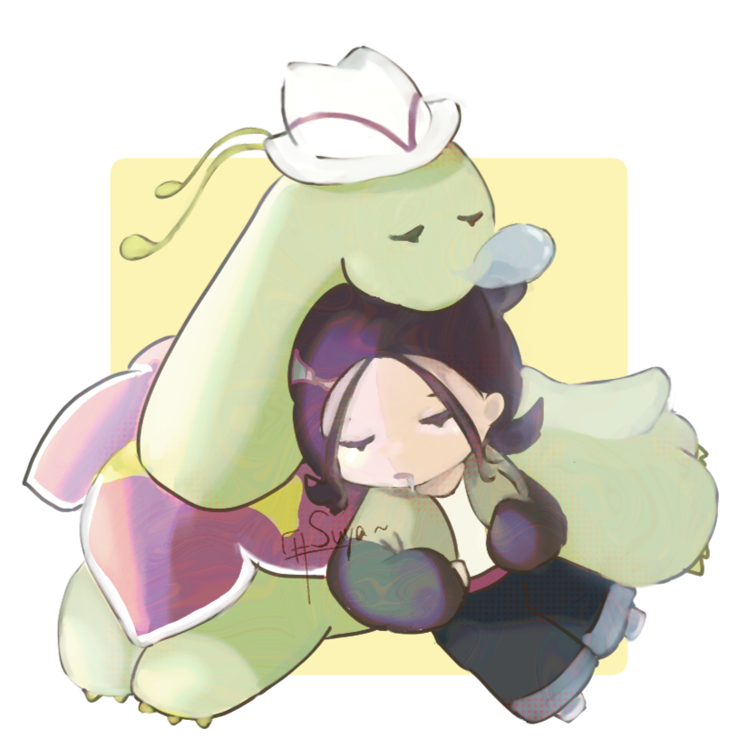 harmony (pokemon), meganium, nintendo, pokemon, pokemon legends: z-a, commentary request, 1girl, antennae, chibi, cienya2, closed eyes, clothed pokemon, eyelashes, gen 2 pokemon, green jacket, hat, jacket, long sleeves, nose bubble, open clothes, open jacket, pants, pokemon (creature), shirt, signature, simple background, sleeping, white hat, white shirt