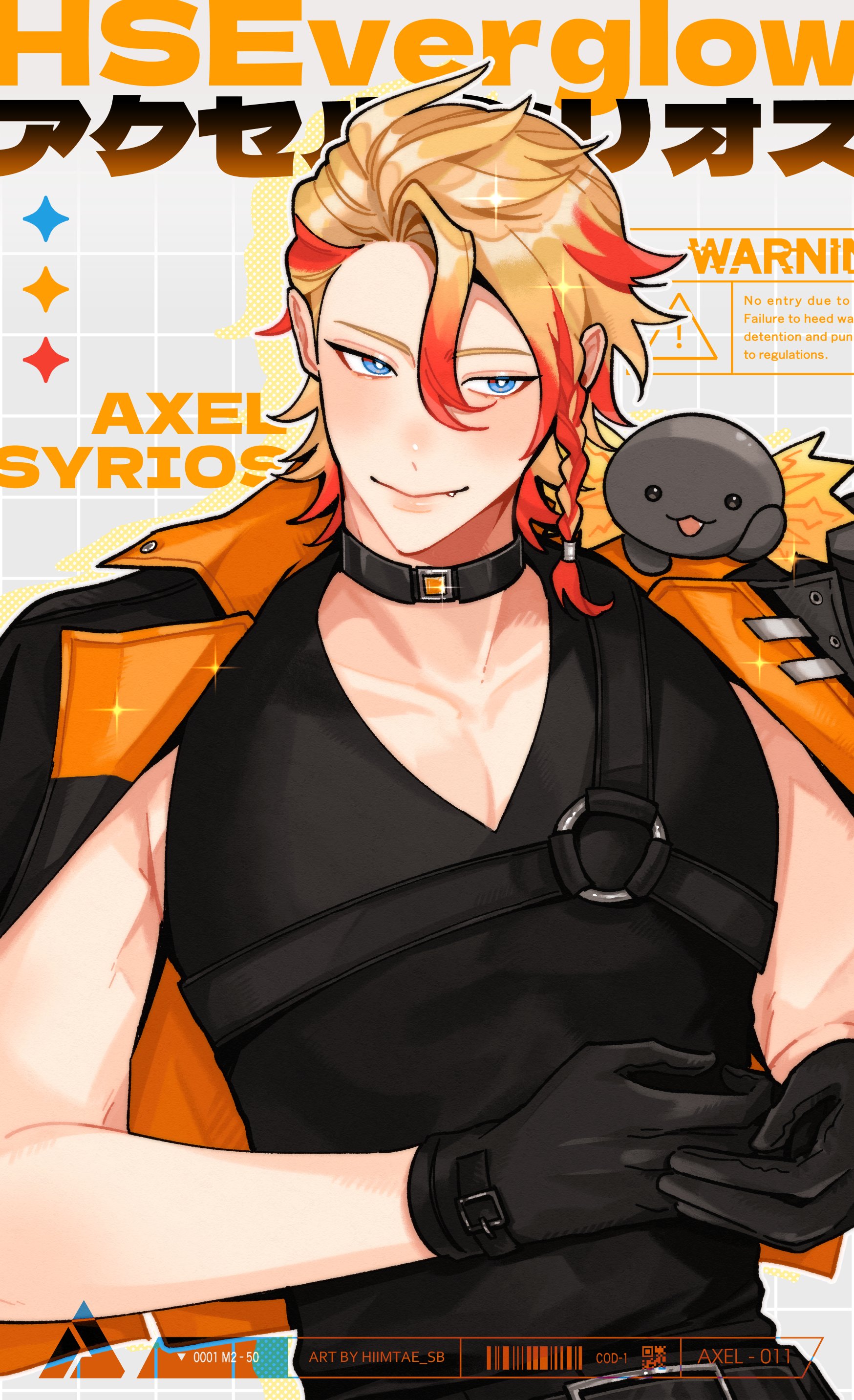 hiimtae sb, axel syrios, axelotl (axel syrios), holostars, holostars english, absurdres, highres, 1boy, animal, animal on shoulder, axolotl, barcode, belt, black belt, black choker, black gloves, black jacket, black shirt, black tank top, blonde hair, blue eyes, blush, braid, character name, chest belt, choker, drop shadow, english text, fang, four-pointed star, gloves, grey background, grid background, holostars english idol uniform, idol clothes, jacket, jacket on shoulders, light blush, male focus, multicolored hair, o-ring, o-ring belt, pectoral cleavage, pectorals, red streaks, shirt, side braid, sign, single braid, sleeveless, sleeveless shirt, solo focus, star (symbol), tank top, toned, toned male, upper body, virtual youtuber, warning sign