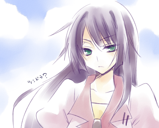 yukian, senjougahara hitagi, bakemonogatari, monogatari (series), bad id, bad pixiv id, 00s, 1girl, female focus, green eyes, long hair, necktie, outdoors, purple hair, school uniform, sky, solo