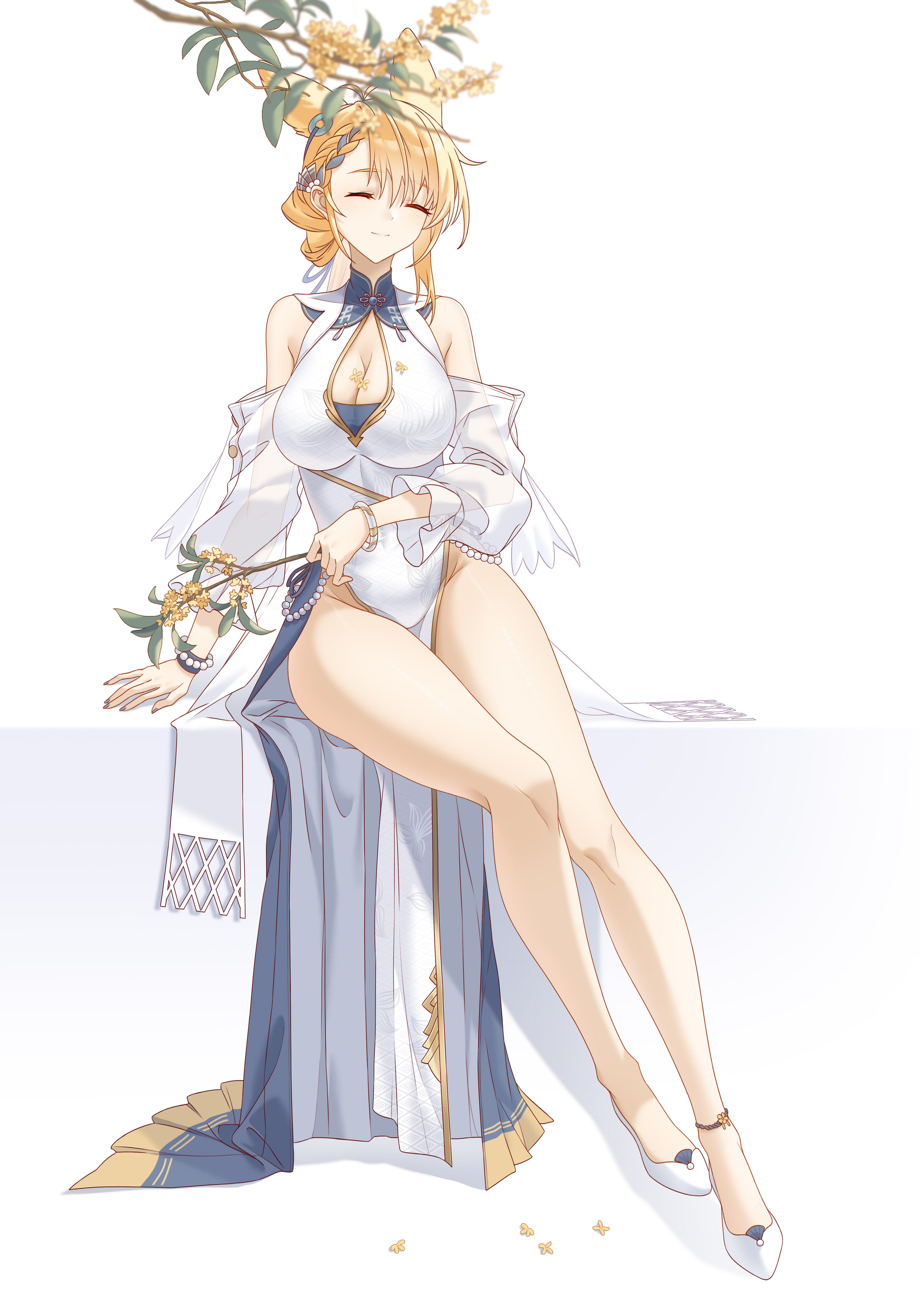 innoarukugyou, kroos (arknights), kroos the keen glint (along the corridor) (arknights), kroos the keen glint (arknights), arknights, absurdres, highres, 1girl, animal ears, anklet, bare legs, bare shoulders, blonde hair, bracelet, braid, branch, breasts, china dress, chinese clothes, cleavage, cleavage cutout, closed eyes, closed mouth, clothing cutout, detached sleeves, dress, facing viewer, full body, holding, impossible clothes, impossible dress, jewelry, large breasts, long hair, long sleeves, official alternate hairstyle, pelvic curtain, rabbit ears, see-through clothes, see-through sleeves, shoes, simple background, smile, solo, white background, white dress, white shoes