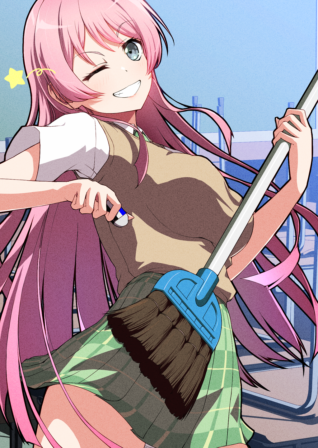 hiraken, chihaya anon, bang dream!, bang dream! it's mygo!!!!!, commentary request, highres, 1girl, ;d, blush, breasts, broom, broom guitar, brown sweater vest, chair, classroom, collared shirt, cowboy shot, eraser, green necktie, green skirt, grey eyes, grin, hands up, haneoka school uniform, holding, holding broom, indoors, large breasts, long hair, looking at viewer, miniskirt, necktie, one eye closed, open mouth, pink hair, plaid clothes, plaid skirt, school chair, school uniform, shirt, short sleeves, skirt, smile, solo, standing, star (symbol), sweater vest, unconventional guitar, very long hair, white shirt