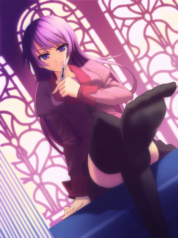 amari yuki, amariyuki, senjougahara hitagi, bakemonogatari, monogatari (series), 00s, 1girl, bad anatomy, bad feet, blue eyes, boxcutter, crossed legs, feet, female focus, foot focus, foreshortening, long hair, poorly drawn, purple hair, school uniform, sitting, skirt, smile, solo, thighhighs, zettai ryouiki