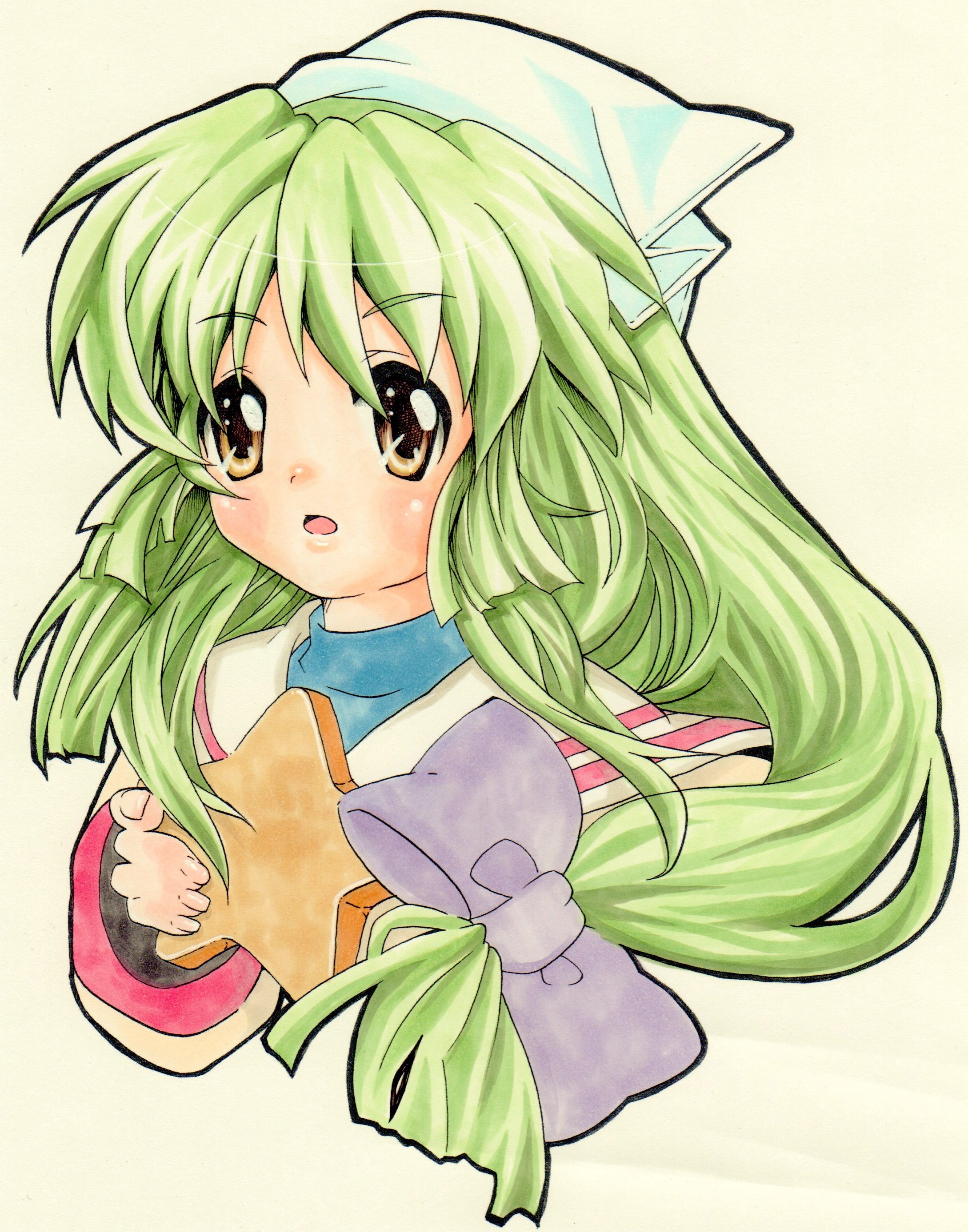 berry jou, ibuki fuuko, clannad, absurdres, bad id, bad pixiv id, highres, 00s, 1girl, bandana, brown eyes, female focus, green hair, long hair, school uniform, solo, starfish