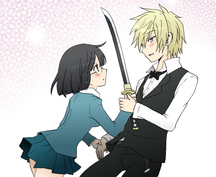 nanasaki, heiwajima shizuo, sonohara anri, durarara!!, 1boy, 1girl, bartender, black bow, black bowtie, black hair, black pants, black vest, blonde hair, blush, bow, bowtie, glasses, hetero, holding, holding hands, holding sword, holding weapon, pants, pleated skirt, raira academy school uniform, red eyes, school uniform, short hair, skirt, sword, vest, weapon, yellow eyes