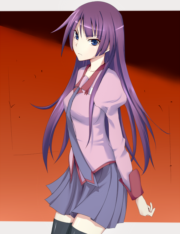 ume itoguchi retto, umeo retto, senjougahara hitagi, bakemonogatari, monogatari (series), bad id, bad pixiv id, 00s, 1girl, blue eyes, female focus, long hair, necktie, purple hair, school uniform, skirt, solo, thighhighs, zettai ryouiki