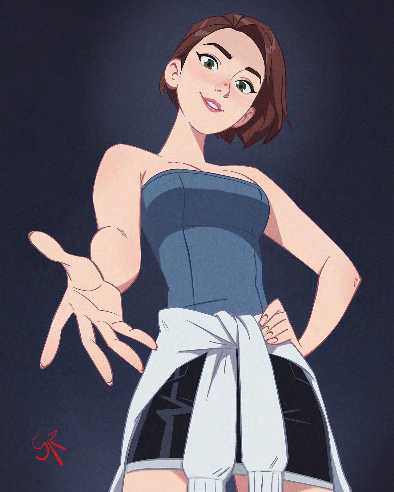 galmesh rosewood, jill valentine, resident evil, adversarial noise, alt text, commentary, english commentary, highres, 1girl, artist name, bare shoulders, blue tube top, breasts, brown hair, clothes around waist, cowboy shot, green eyes, hand on own hip, head tilt, looking at viewer, medium breasts, parted lips, short hair, simple background, smile, solo, strapless, sweater, sweater around waist, tube top