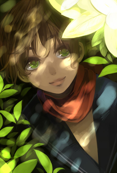 kyouichi, original, 1girl, androgynous, brown hair, dappled sunlight, female focus, green eyes, lips, shade, short hair, smile, solo, sunlight, tree shade