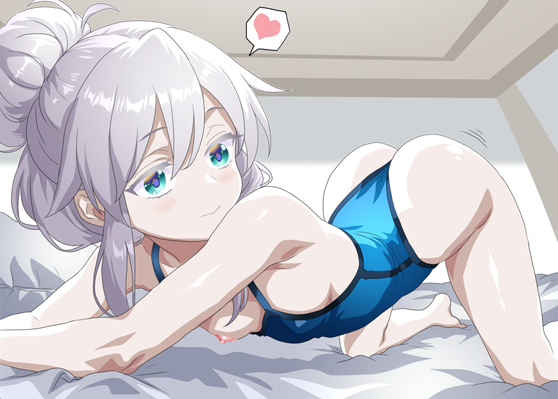 minazuki noumu, deux murasame, gundam, gundam gquuuuuux, 1girl, all fours, ass, blue eyes, blue one-piece swimsuit, breasts, heart, indoors, light blush, nipples, on bed, one-piece swimsuit, one breast out, sidelocks, small breasts, solo, spoken heart, swimsuit, thighs, white hair
