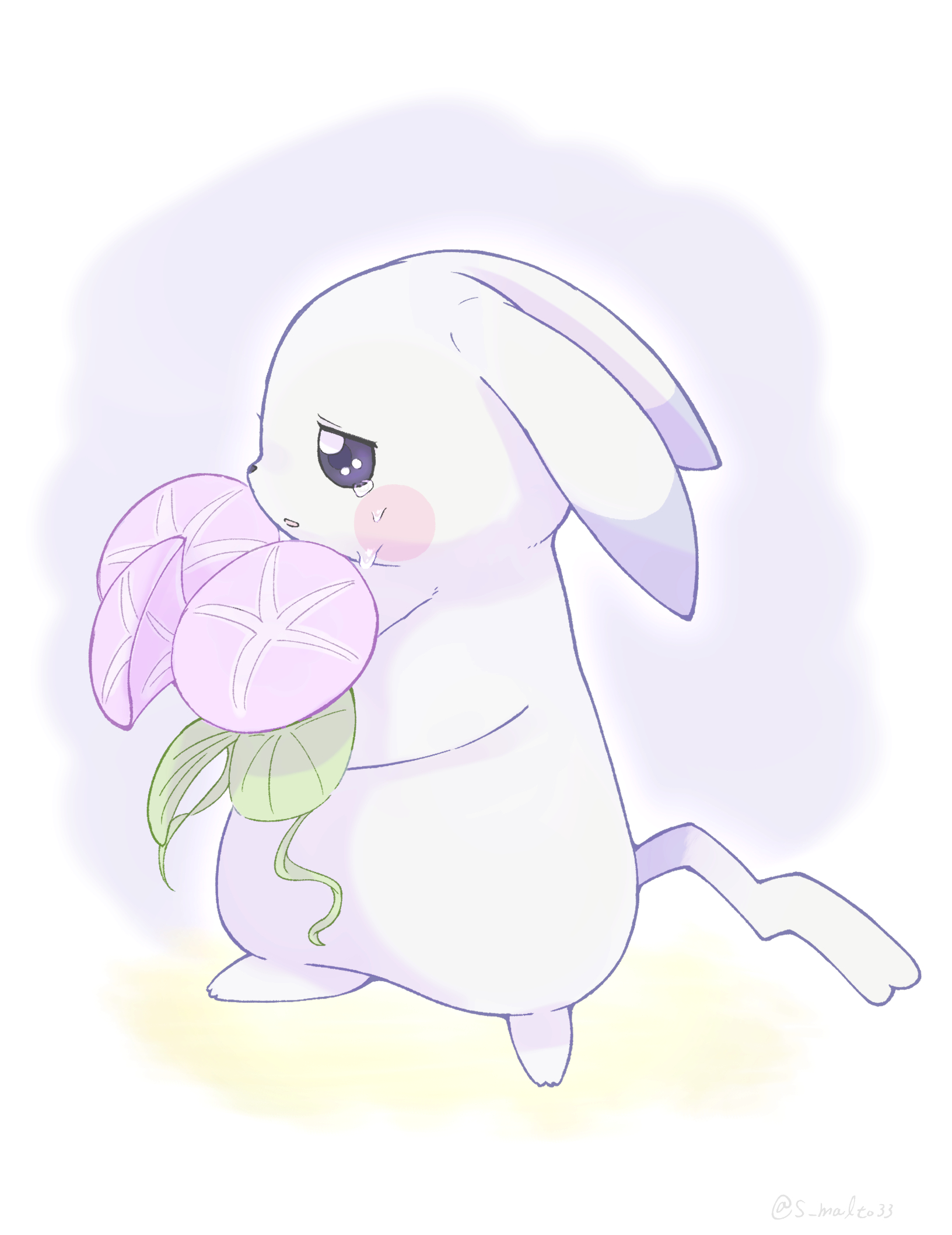 s malto33, peakychu, pikachu, nintendo, pokemon, pokemon pokopia, highres, flower, full body, gen 1 pokemon, leaf, no humans, pokemon (creature), purple flower, solo, tail, white fur