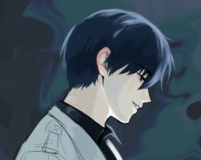 dokjasepilogue, kim dokja, omniscient reader's viewpoint, 1boy, aegyo sal, black eyes, black hair, black shirt, coat, collared shirt, from side, grin, male focus, open clothes, open coat, parted lips, portrait, shirt, short hair, smile, solo, white coat