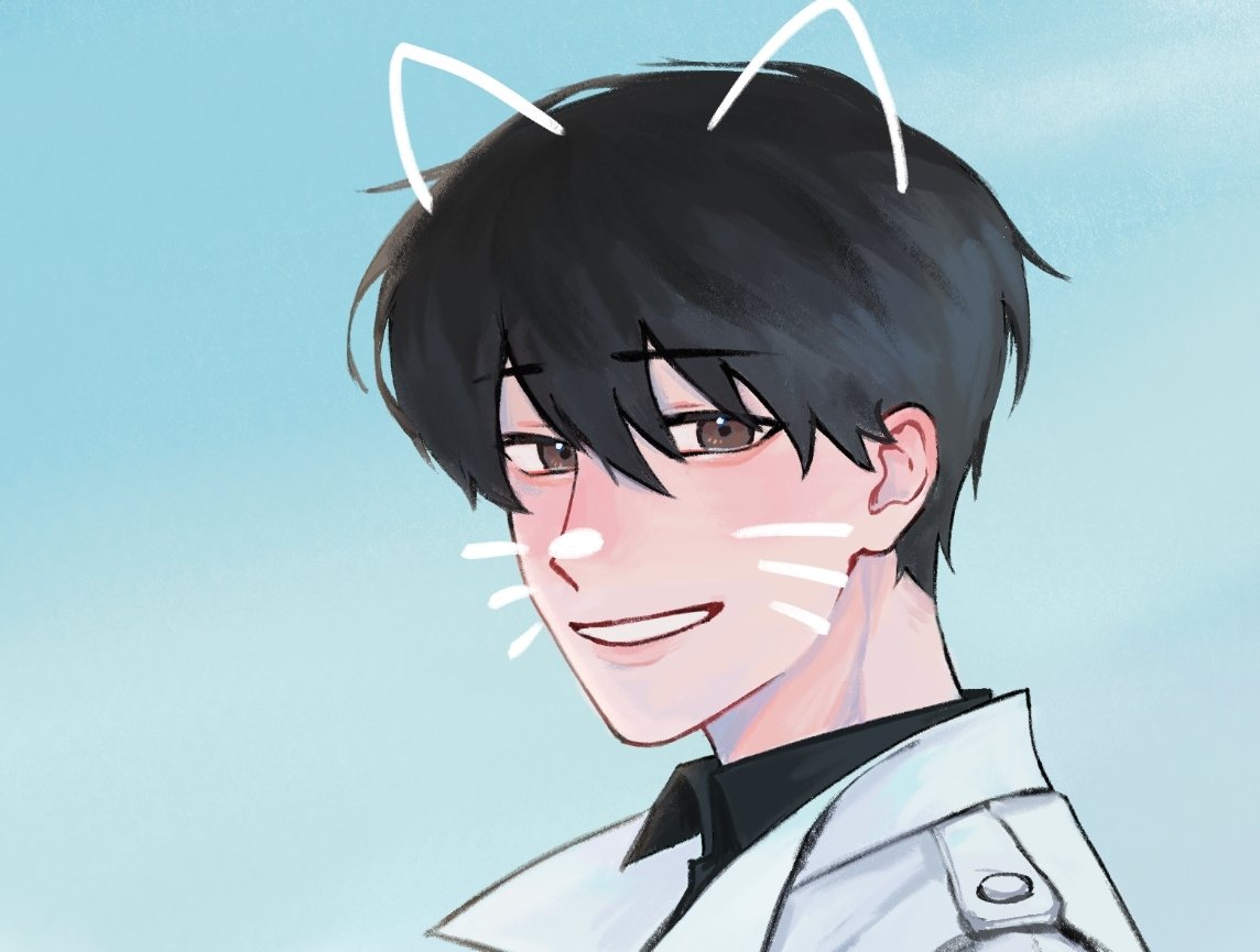 dokjasepilogue, kim dokja, omniscient reader's viewpoint, 1boy, :d, aegyo sal, black eyes, black hair, black shirt, coat, collared shirt, drawn ears, drawn whiskers, grin, hair between eyes, looking at viewer, male focus, open clothes, open coat, open mouth, shirt, short hair, smile, solo, white coat