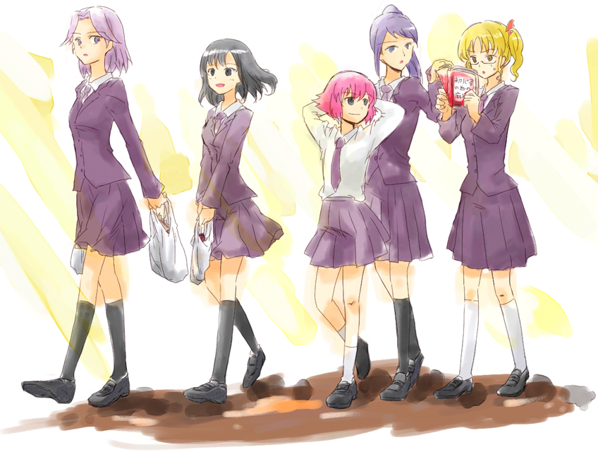 akizuki maku, mac (macrown), kajiki yumi, kanbara satomi, senoo kaori, touyoko momoko, tsuyama mutsuki, saki (manga), black legwear, white legwear, 00s, 5girls, arms behind back, bag, black eyes, black hair, blonde hair, glasses, long hair, multiple girls, necktie, open mouth, pink hair, plastic bag, pleated skirt, ponytail, purple eyes, purple hair, school uniform, short hair, skirt, socks, sweatdrop