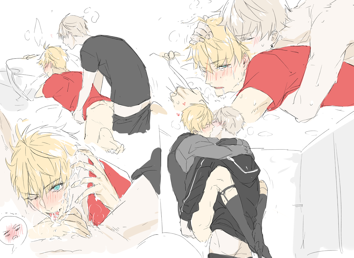 pvc parfait, arthur pendragon (fate), arthur pendragon alter (fate), fate/grand order, fate (series), commentary request, 2boys, after fellatio, anal, barefoot, black shirt, black socks, black vest, blonde hair, blue eyes, blush, closed eyes, crying, crying with eyes open, cum, cum in mouth, dual persona, french kiss, from behind, garter straps, grey hair, grey shirt, hair between eyes, hand on another's head, heart, hug, kiss, leg lock, long sleeves, looking at another, lying, male focus, multiple boys, multiple views, no shoes, on bed, on stomach, one eye closed, open mouth, penis, pillow, pillow grab, red shirt, saliva, selfcest, sex, shirt, short hair, short sleeves, simple background, socks, spread legs, standing, sweat, t-shirt, tearing up, tears, uncensored, vest, white background, yaoi