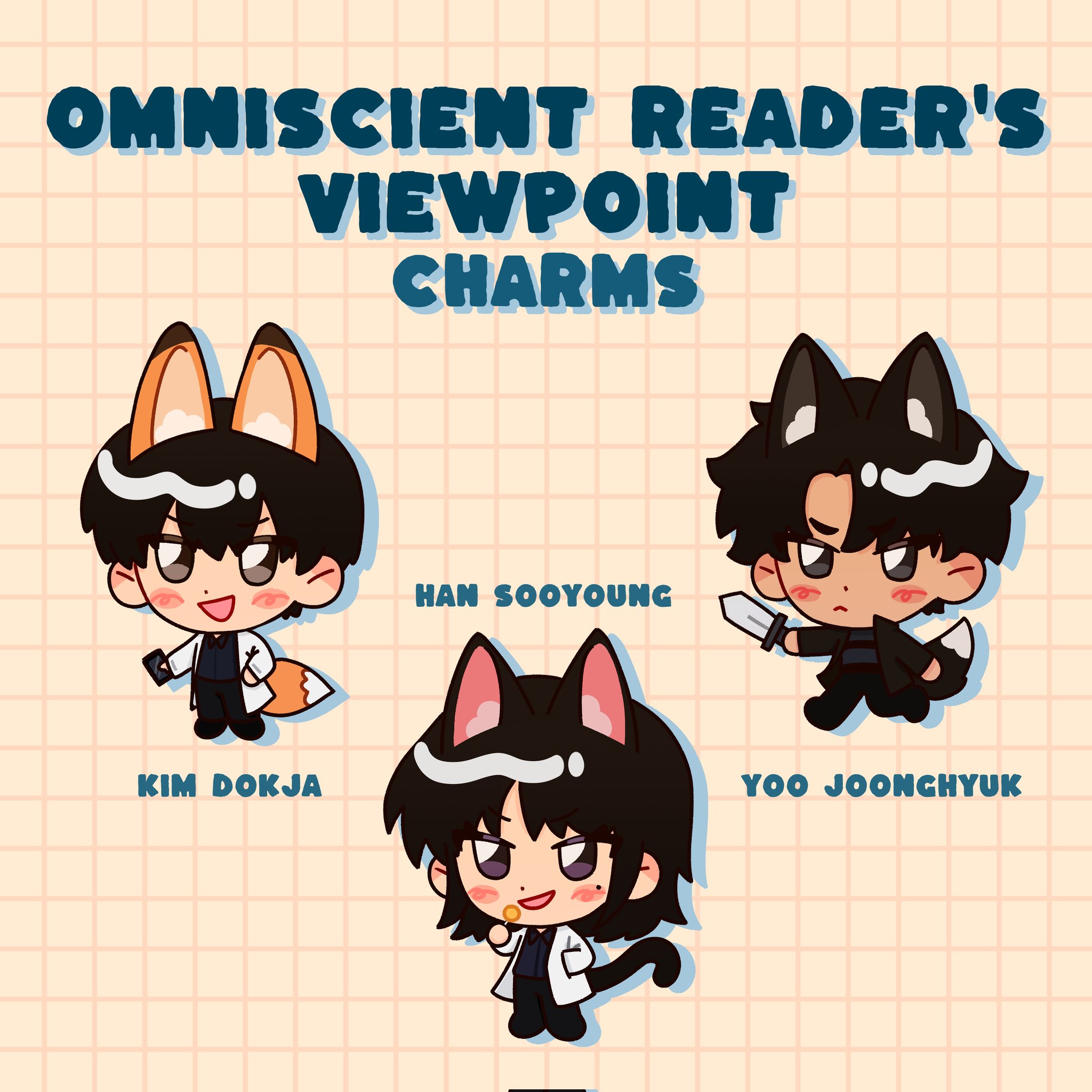 dokjasepilogue, han sooyoung, kim dokja, yoo joonghyuk, omniscient reader's viewpoint, highres, promotional art, 1girl, 2boys, animal ears, black coat, black hair, black shirt, character name, chibi, chibi only, coat, curtained hair, fox ears, fox tail, full body, grid background, grin, hand in pocket, hand on own face, hand on own hip, holding, holding phone, kemonomimi mode, multiple boys, open clothes, open coat, phone, shirt, short hair, smile, standing, tail, white coat