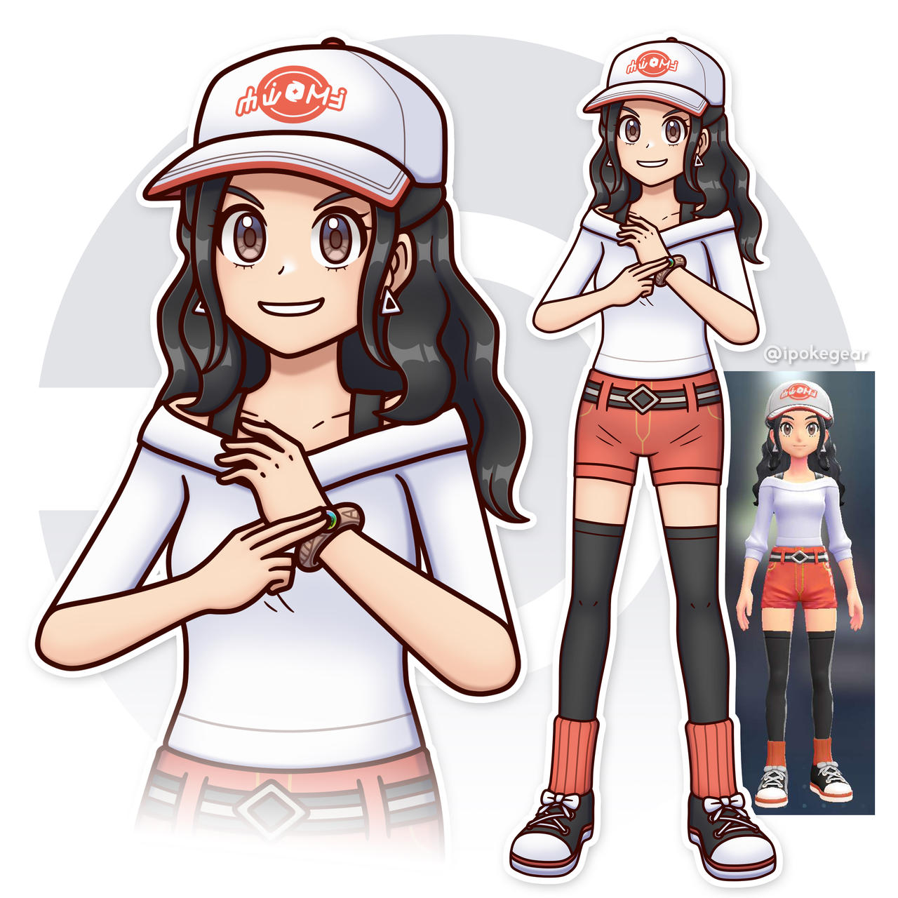 ipokegear, harmony (pokemon), nintendo, original, pokemon, pokemon legends: z-a, commentary, english commentary, highres, 1girl, baseball cap, belt, black belt, black hair, black shoes, black thighhighs, bow, bracelet, breasts, brown eyes, collarbone, earrings, eyelashes, footwear bow, full body, game screenshot inset, hat, jewelry, long hair, mega ring, mega stone, orange shorts, orange socks, outline, poke ball symbol, shirt, shoes, shorts, sidelocks, smile, socks, socks over thighhighs, thighhighs, triangle earrings, white background, white bow, white hat, white outline, white shirt