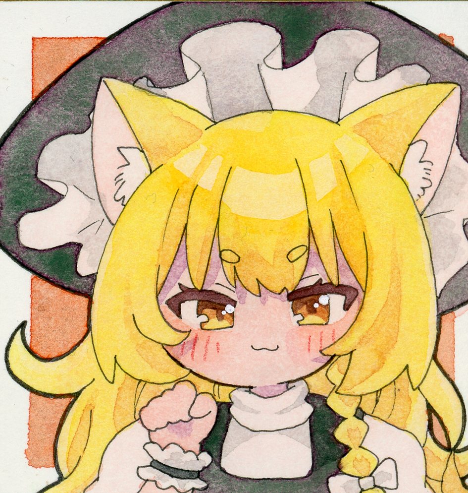 pppppks, kirisame marisa, touhou, commentary request, painting (medium), traditional media, watercolor (medium), 1girl, :3, animal ear fluff, animal ears, black hat, black vest, blonde hair, blush, border, bow, braid, cat ears, hair bow, hat, long hair, looking at viewer, orange background, outside border, paw pose, portrait, shirt, single braid, solo, straight-on, vest, white border, white bow, white shirt, witch hat, yellow eyes