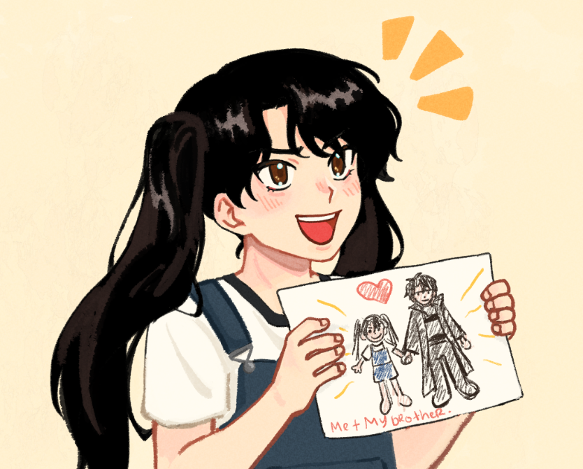 dokjasepilogue, yoo joonghyuk, yoo mia, omniscient reader's viewpoint, 1girl, :d, black hair, brother and sister, brown eyes, child's drawing, curtained hair, grin, holding, holding paper, notice lines, open mouth, paper, shirt, siblings, smile, solo, suspenders, t-shirt, teeth, twintails, upper body, upper teeth only, white shirt