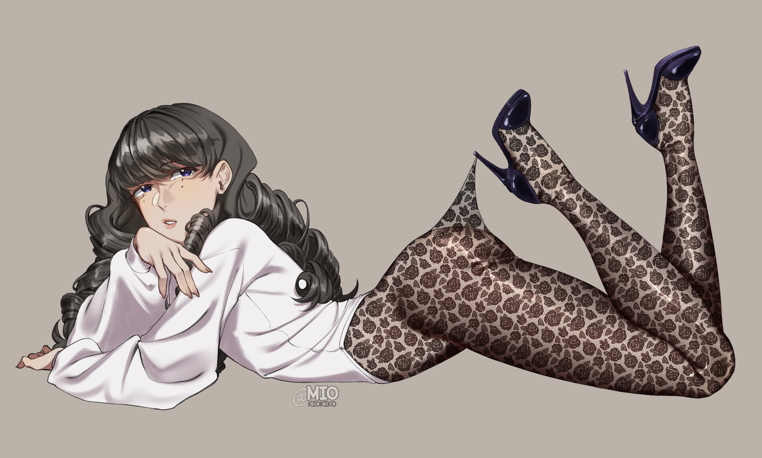 miokiokiko, marina (fear & hunger), fear & hunger (series), fear & hunger 2: termina, commentary, english commentary, highres, 1girl, alternate costume, artist name, black shoes, brown background, brown eyes, brown hair, from side, full body, high heels, lace, lace pantyhose, lace pantyhose hooked on heel (meme), long hair, long sleeves, lying, meme, mole, mole under eye, no pants, no piercings, on stomach, pantyhose, parted lips, shirt, shoes, simple background, solo, white shirt