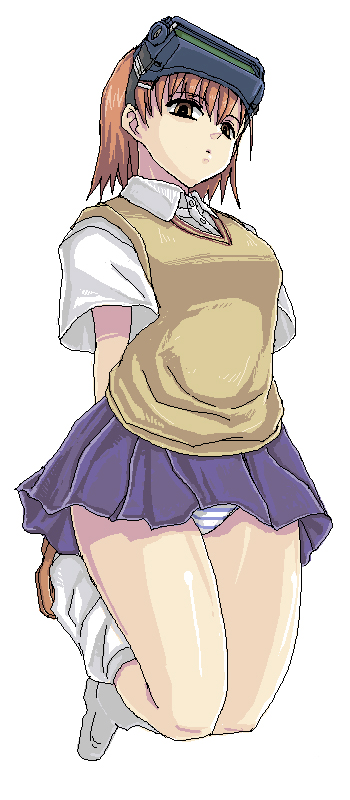 minarai, misaka imouto, toaru majutsu no index, 00s, brown eyes, brown hair, electricity, electrokinesis, head-mounted display, jaggy lines, panties, pantyshot, school uniform, short hair, simple background, skirt, solo, striped clothes, striped panties, underwear