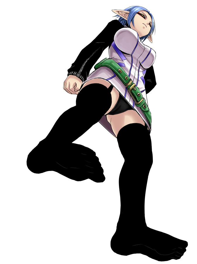 minarai, original, phantasy star, phantasy star universe, 1girl, black panties, blue hair, breasts, elf, feet, female focus, foot focus, from below, garter straps, large breasts, panties, pantyshot, pointy ears, socks, solo, thighhighs, underwear, upskirt