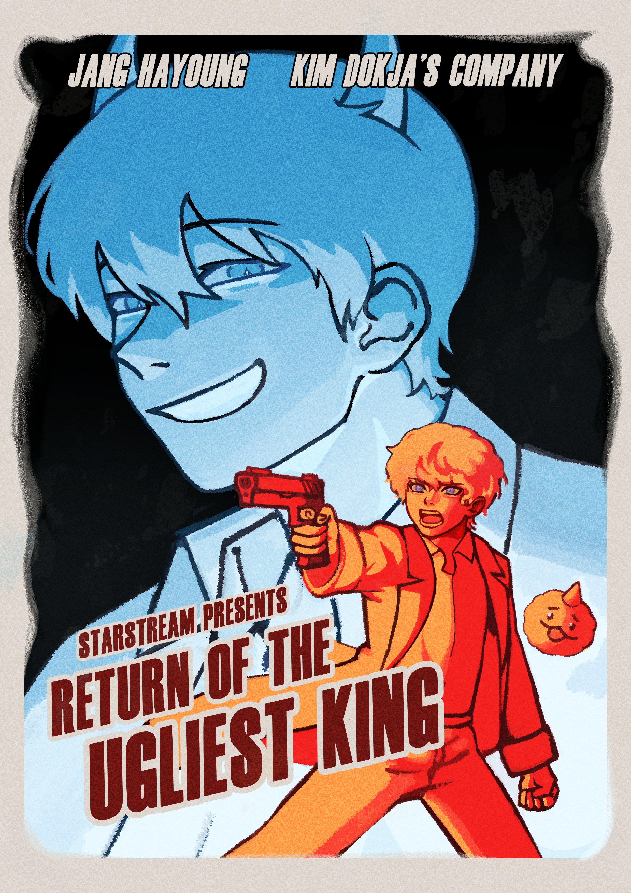 dokjasepilogue, biyoo (omniscient reader's viewpoint), jang hayoung, kim dokja, omniscient reader's viewpoint, absurdres, highres, 1boy, 1girl, blue hair, character name, coat, collared shirt, color contrast, demon horns, grin, gun, handgun, holding, holding gun, holding weapon, horns, looking at viewer, movie poster, open clothes, open coat, orange hair, shirt, short hair, shouting, smile, spread legs, weapon