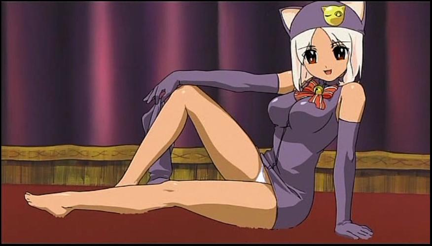 meow (little monica monogatari), little monica monogatari, anime screenshot, 00s, 1girl, animal ears, bare legs, bare shoulders, barefoot, breasts, cat ears, cleavage, dark-skinned female, dark skin, elbow gloves, gloves, hat, looking at viewer, open mouth, panties, pink hair, red eyes, short hair, sitting, smile, thighs, underwear, white panties