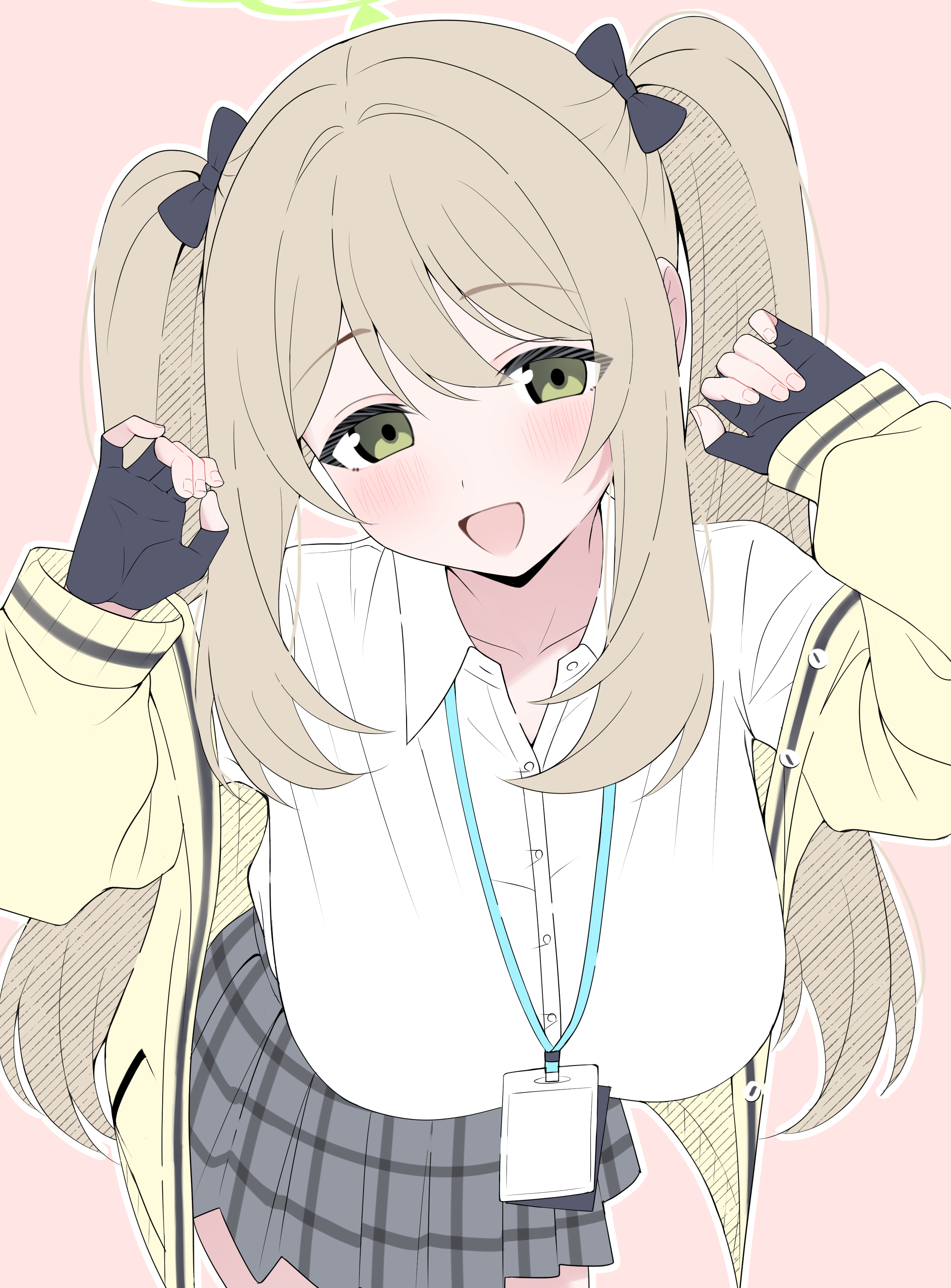mistel (sukebemistel), nonomi (blue archive), blue archive, absurdres, commentary request, highres, revision, 1girl, :d, alternate hairstyle, black bow, black gloves, black skirt, bow, breasts, brown hair, cardigan, collarbone, collared shirt, cowboy shot, fingerless gloves, gloves, green eyes, green halo, hair bow, halo, lanyard, large breasts, leaning forward, long hair, looking at viewer, miniskirt, open cardigan, open clothes, open mouth, pink background, plaid clothes, plaid skirt, pleated skirt, shirt, skirt, smile, solo, twintails, white shirt, yellow cardigan