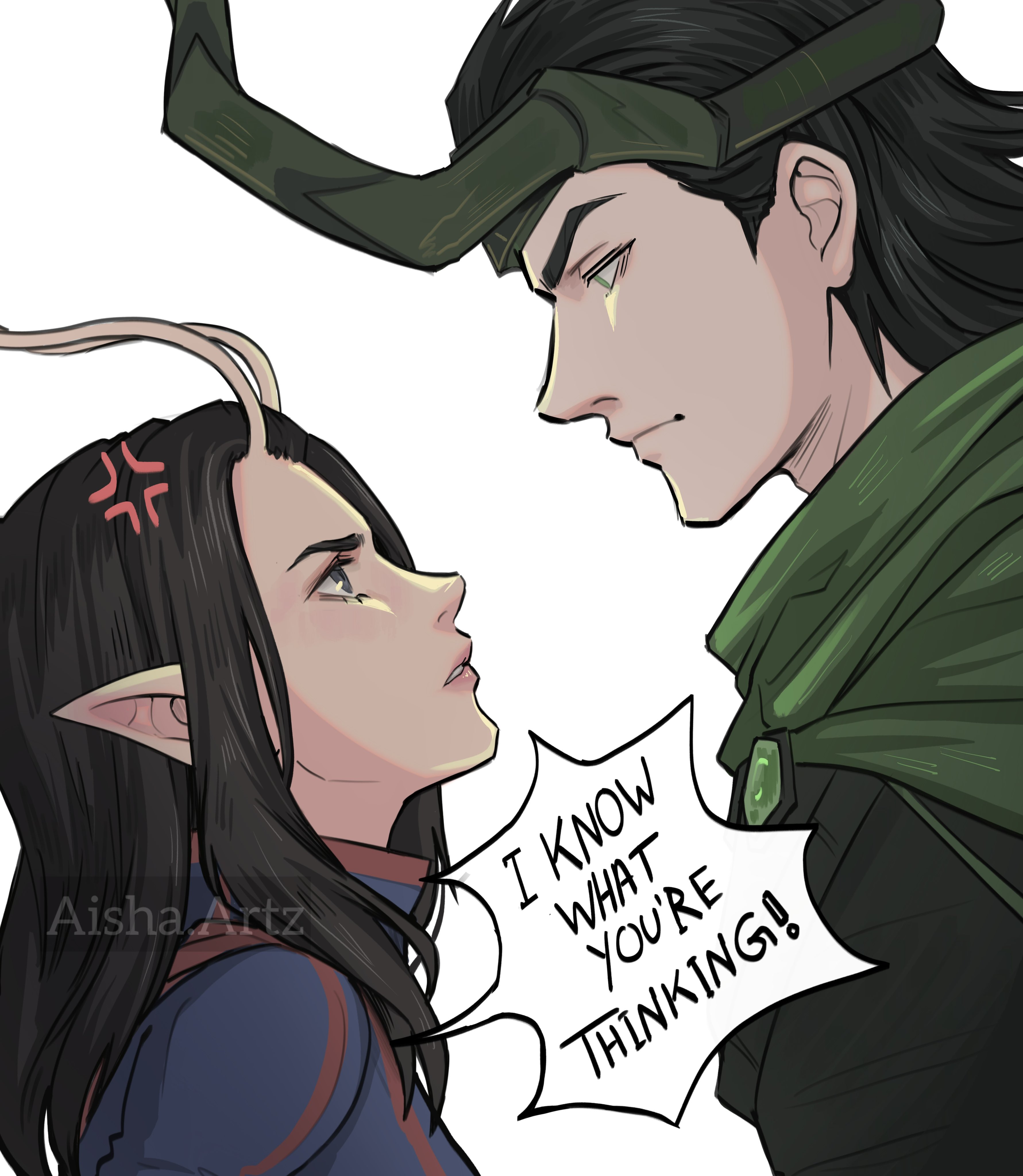 artzaisha, loki (marvel), mantis (marvel), guardians of the galaxy, guardians of the galaxy vol. 3, loki (disney+), marvel, marvel rivals, thor (marvel) (series), absurdres, commentary, english commentary, highres, 1boy, 1girl, alien, anger vein, antennae, artist name, black eyes, black hair, blue bodysuit, bodysuit, couple, english text, eye contact, fake horns, green eyes, green robe, hair slicked back, hetero, horned headwear, horns, long hair, looking at another, official alternate costume, pointy ears, profile, red trim, robe, speech bubble, upper body, white background