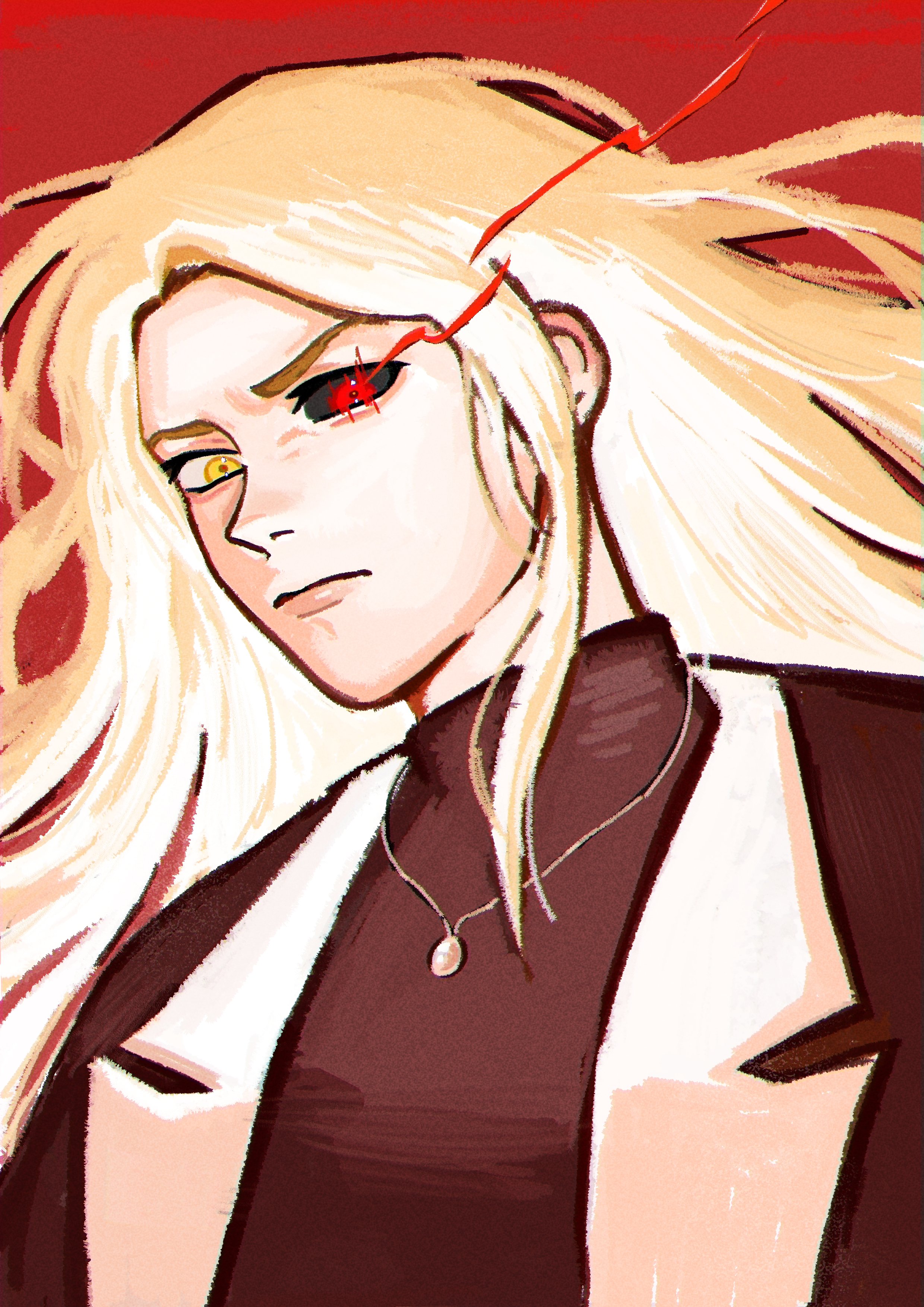 dokjasepilogue, omniscient reader's viewpoint, absurdres, highres, 1girl, anna croft, black sclera, black shirt, blonde hair, coat, colored sclera, flaming eye, glowing, glowing hair, head tilt, heterochromia, high collar, jewelry, long hair, looking at viewer, necklace, open clothes, open coat, portrait, red eyes, shirt, solo, yellow eyes