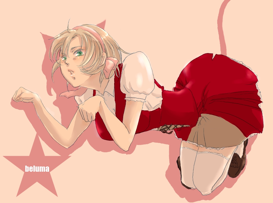 mizukiyo, belgium (hetalia), axis powers hetalia, bad id, bad pixiv id, 00s, 1girl, animal ears, blonde hair, cat ears, cat girl, cat tail, dress, female focus, full body, green eyes, hair ribbon, paw pose, pinafore dress, ribbon, shadow, short hair, sleeveless dress, solo, tail, thighhighs, white thighhighs